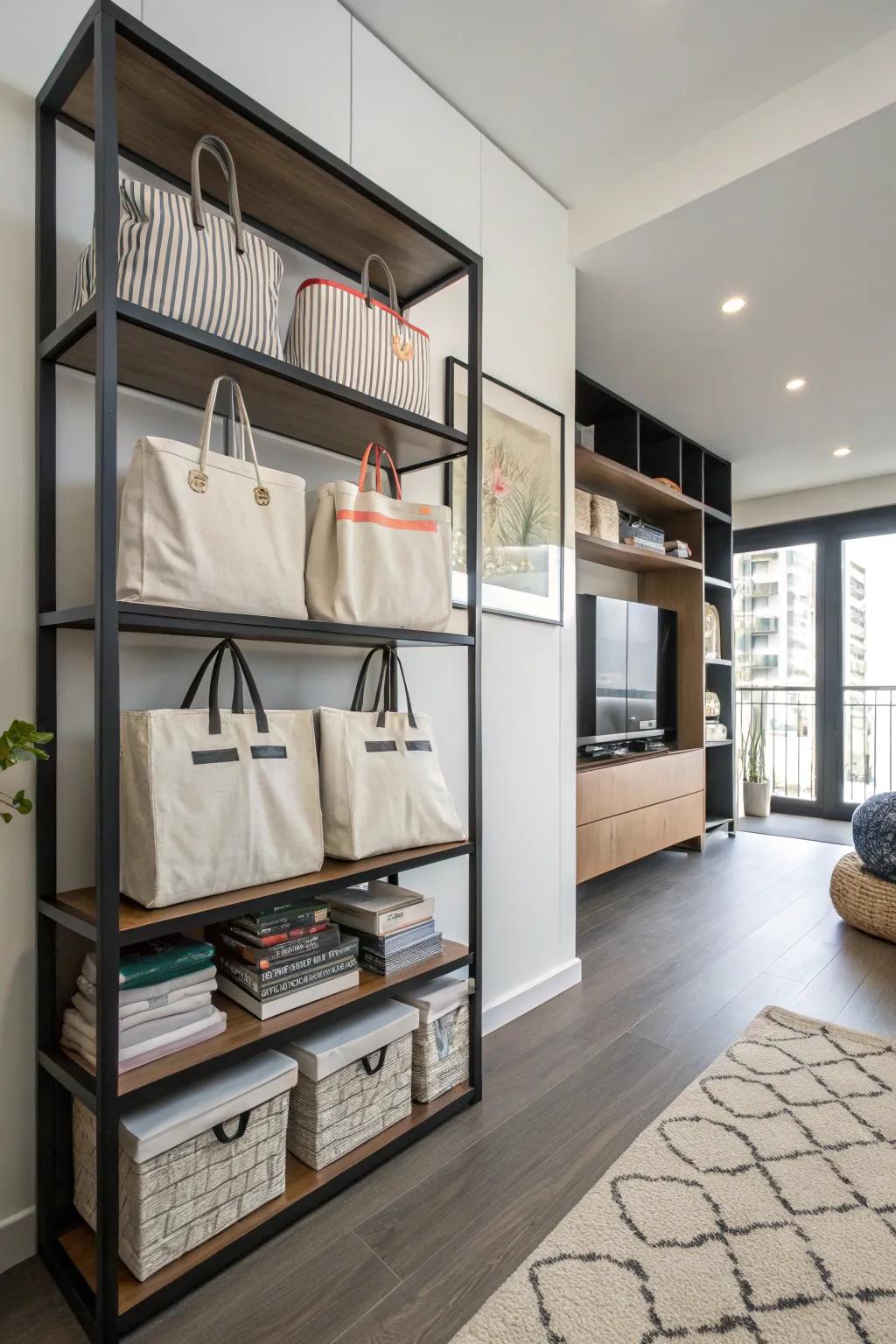 Shelves offer a functional and chic way to store your carry-all bags.