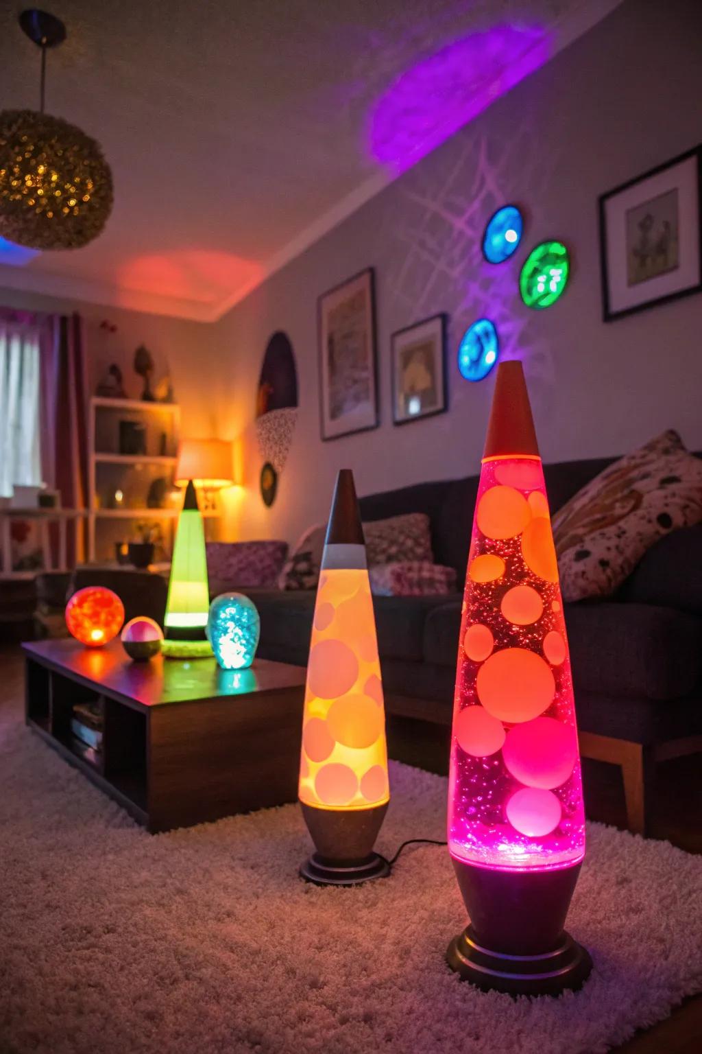 The warm glow of lava lamps setting a groovy atmosphere.