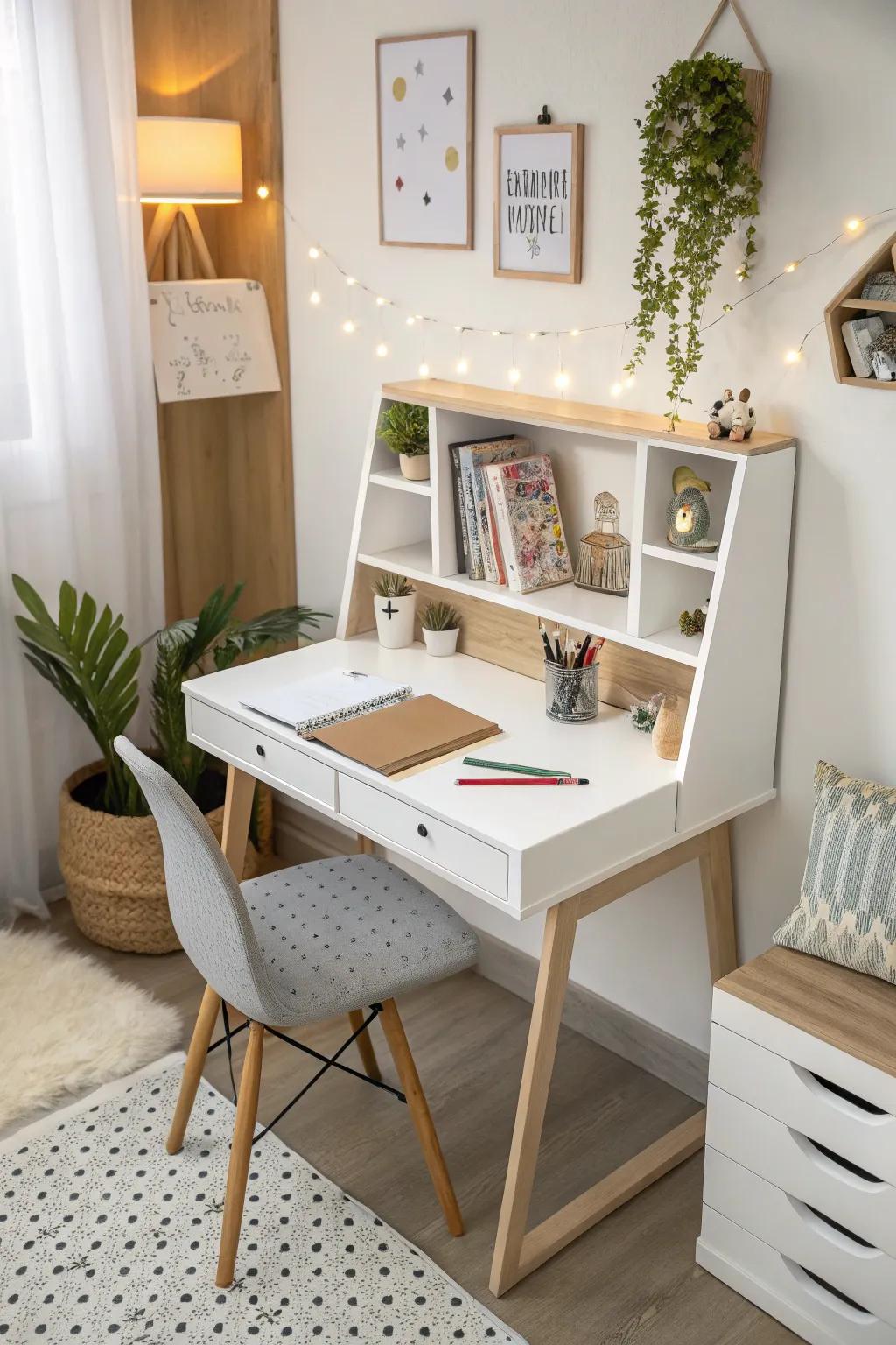 A simplistic wall-mounted desk optimizing the use of limited space.