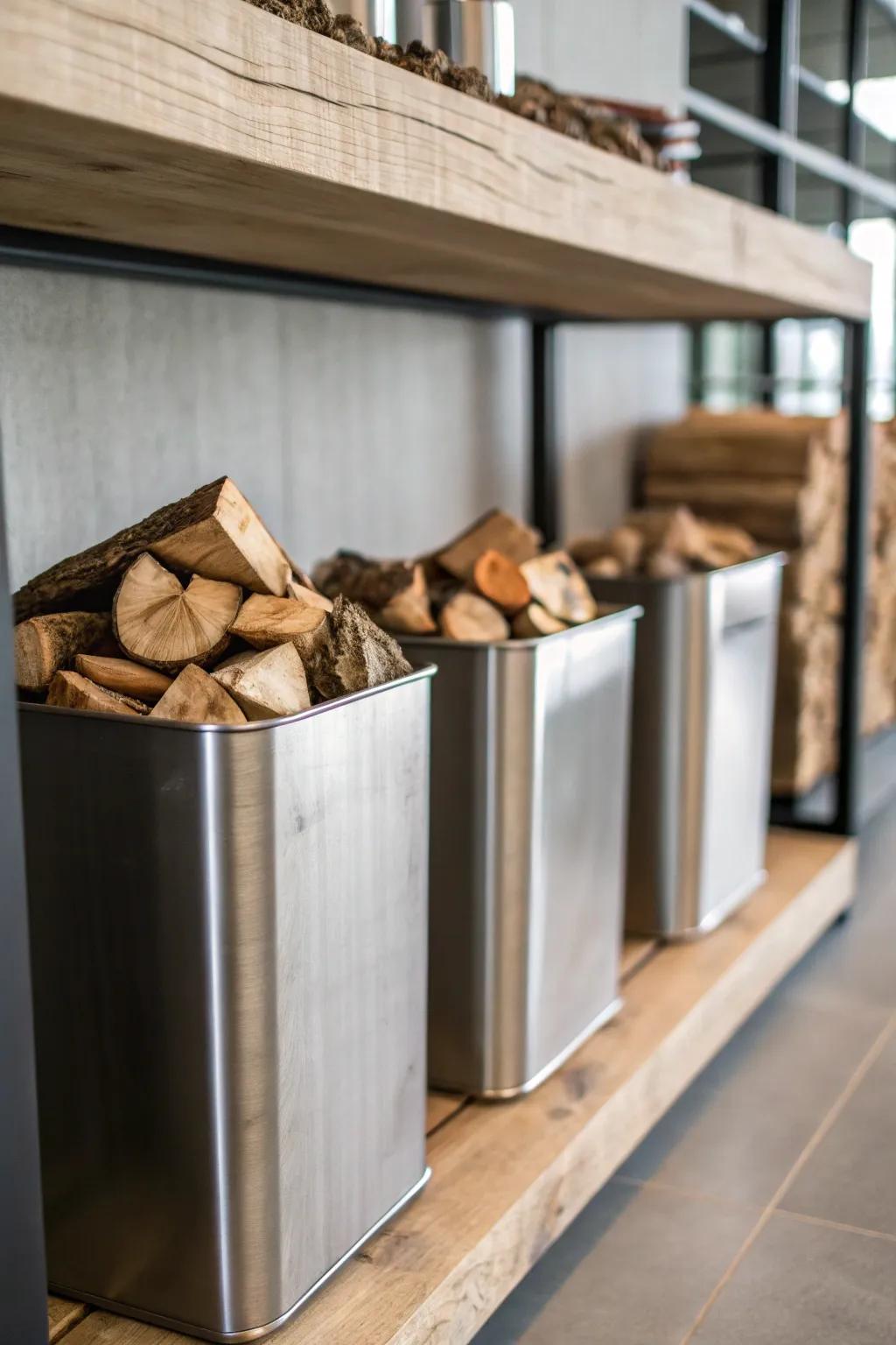 Metal bins offer a sleek and modern kindling storage solution.