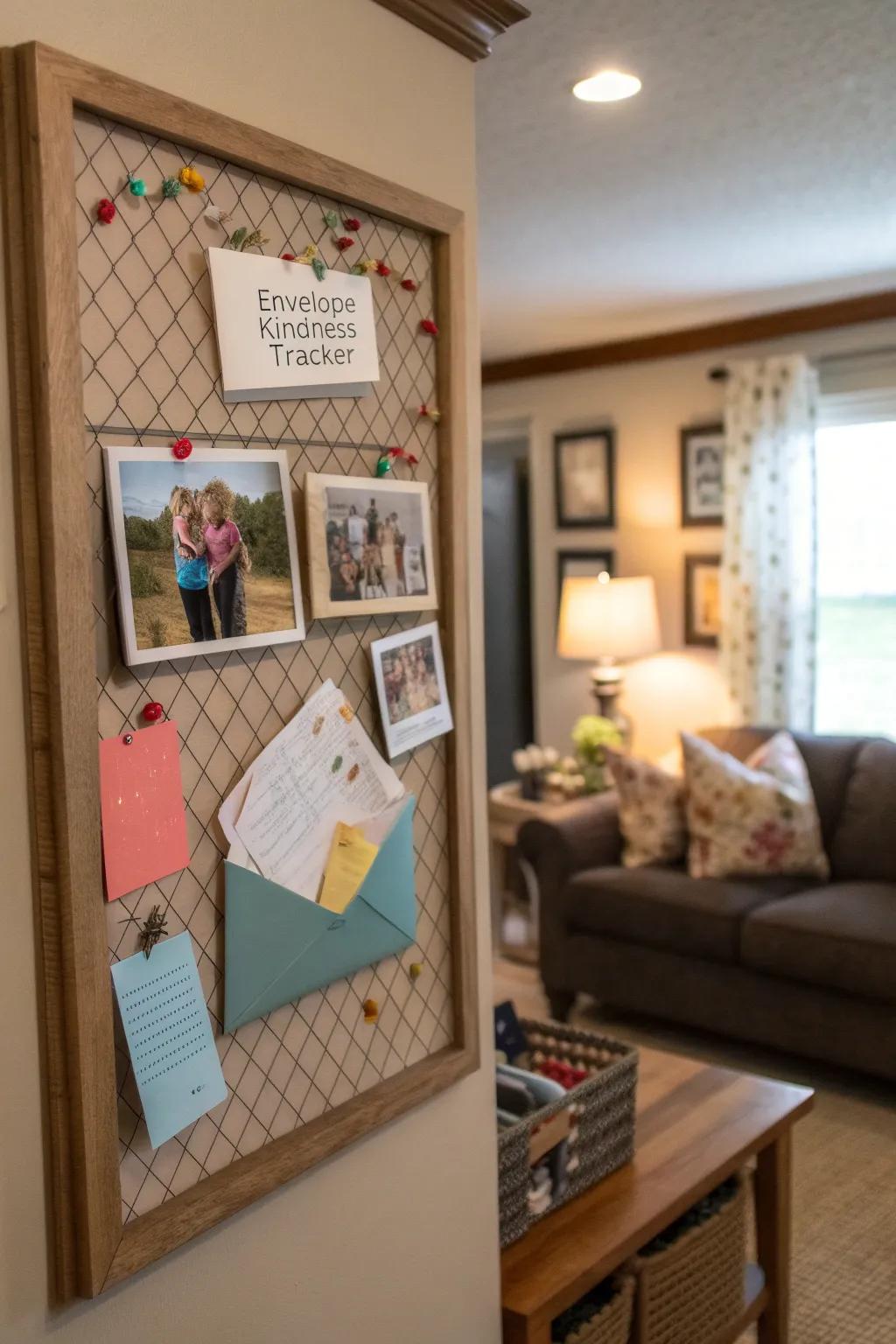 A family room kindness tracker with envelopes for sharing kind deeds and messages.