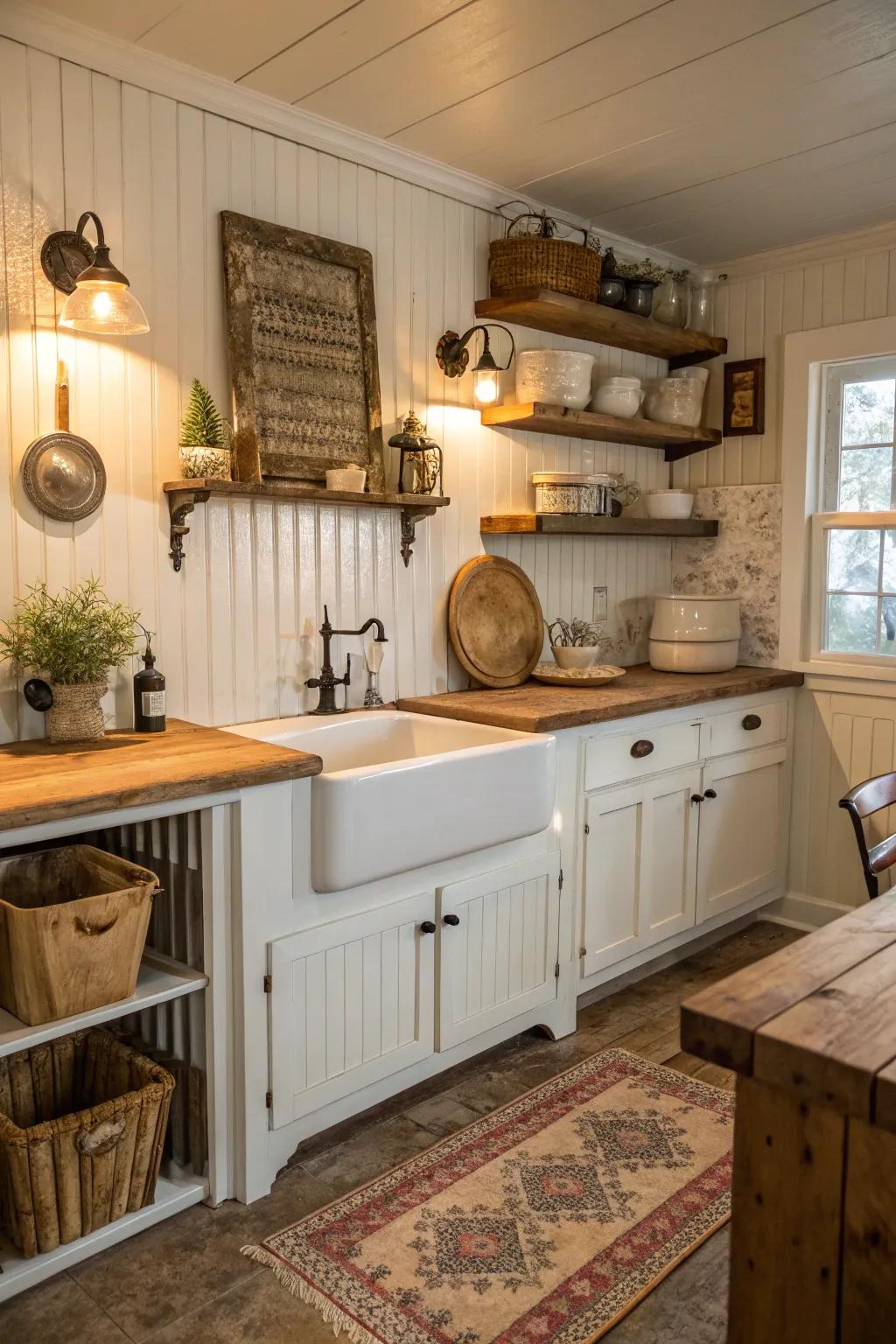 Beadboard panels offer a rustic charm that enhances any kitchen setting.