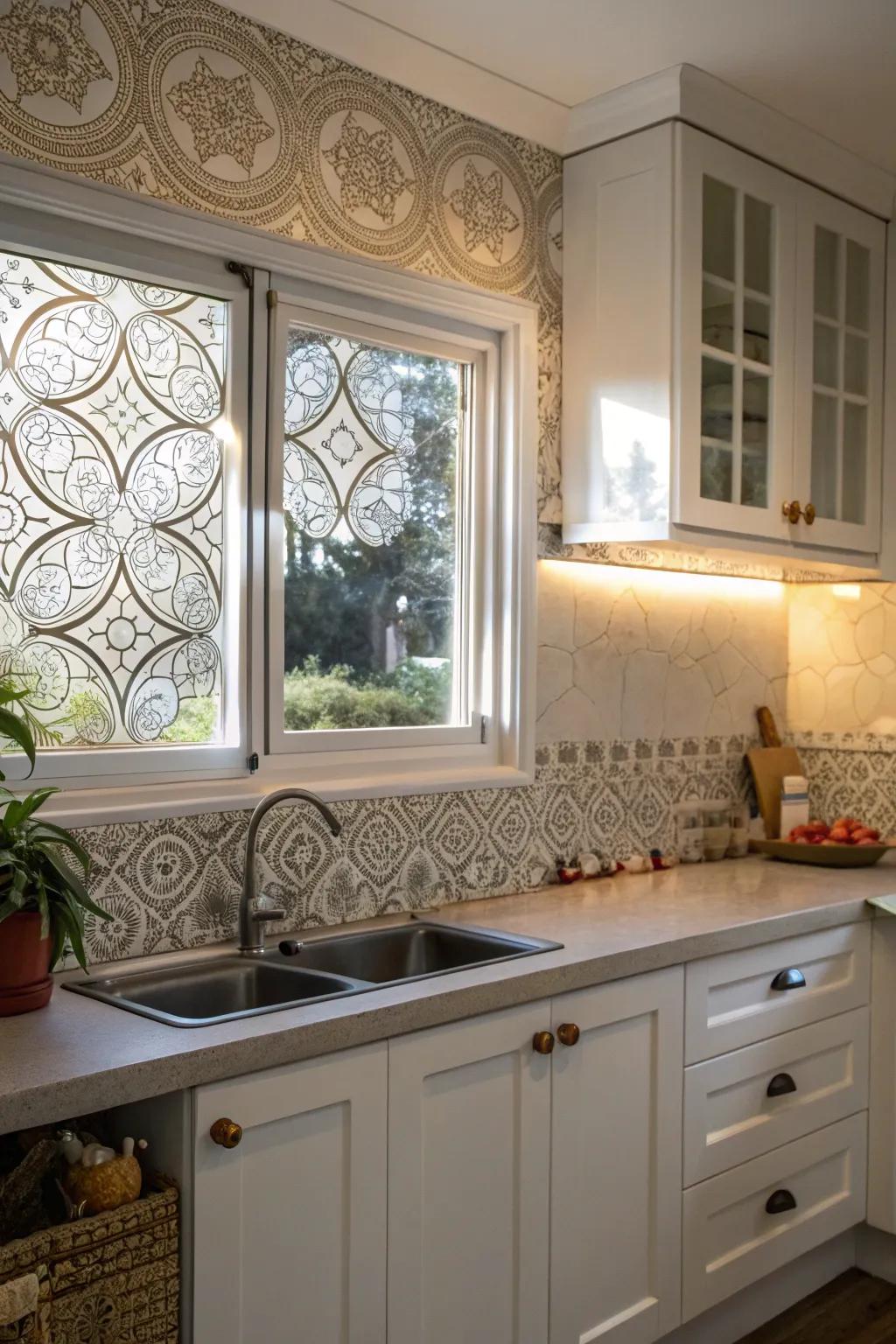 Patterned glass backsplash windows offer a blend of privacy and artistic charm in the kitchen.
