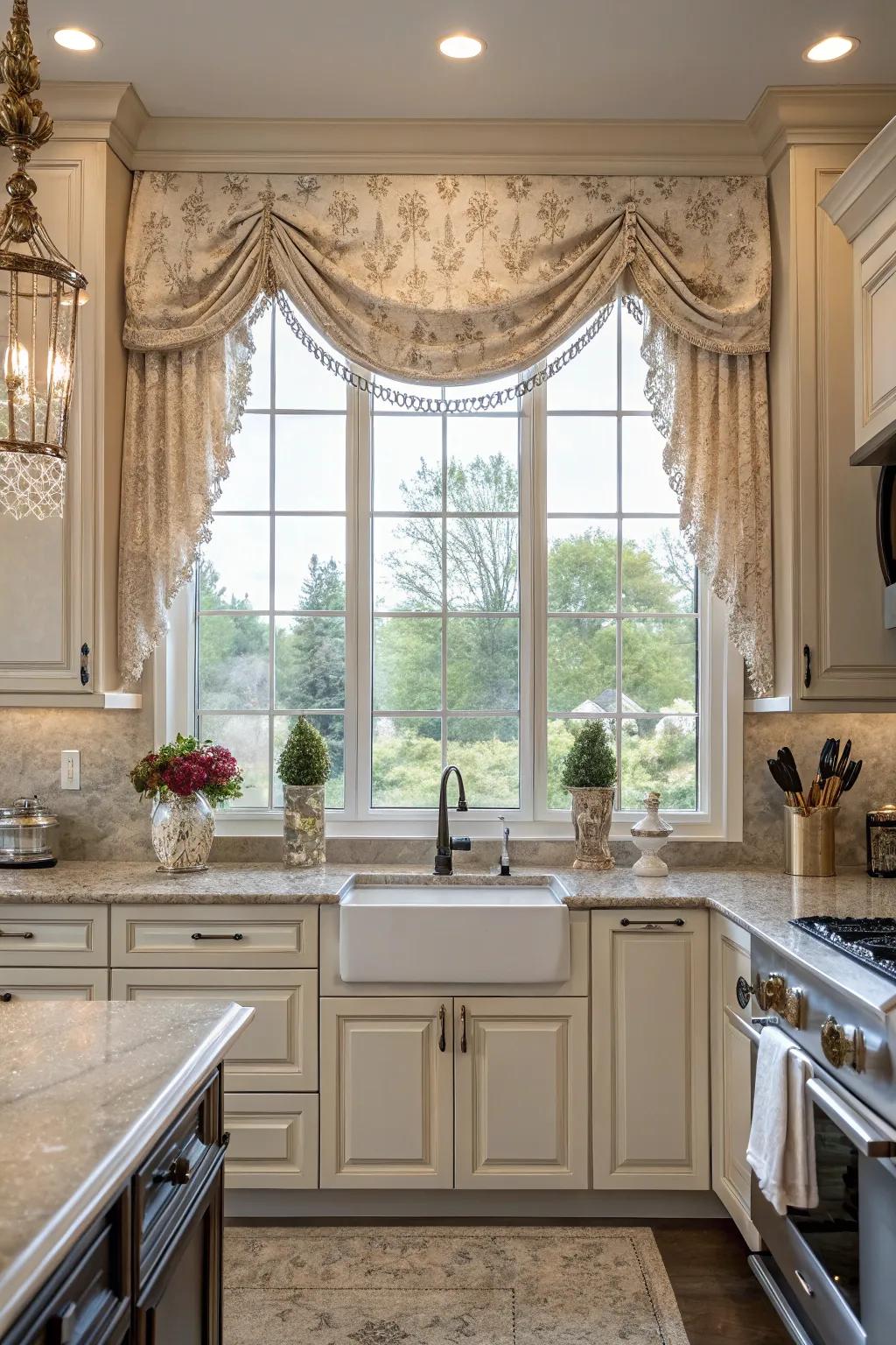 Valance curtains offer a sophisticated touch to any kitchen decor.