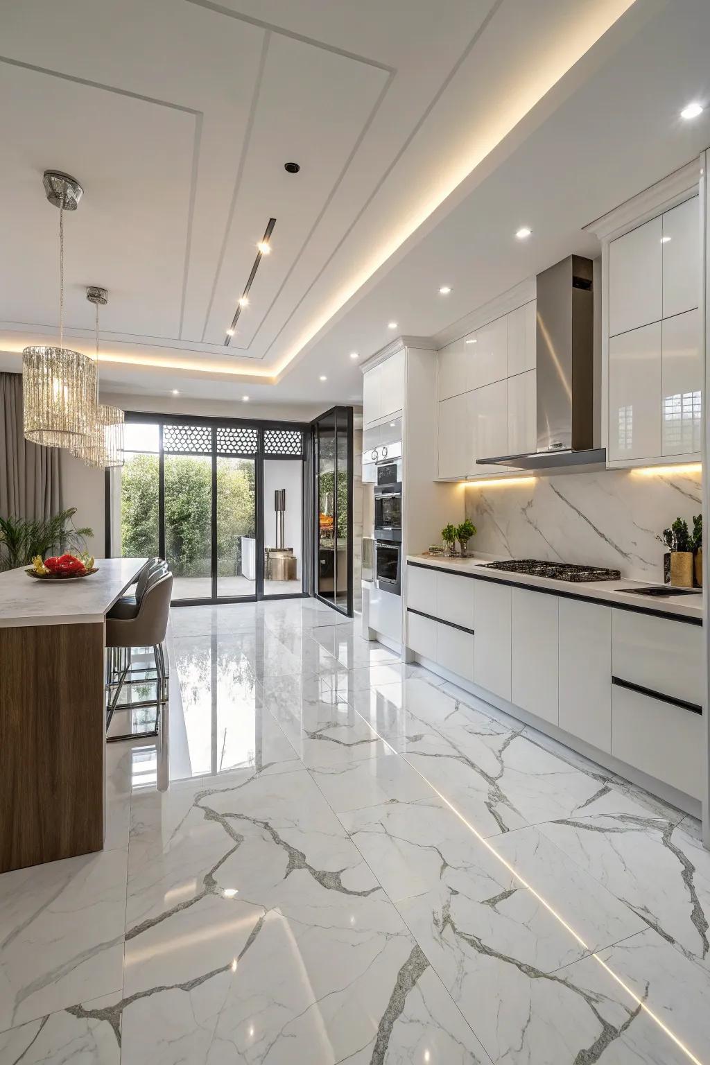 Achieve luxury with marble-look tiles in your kitchen.