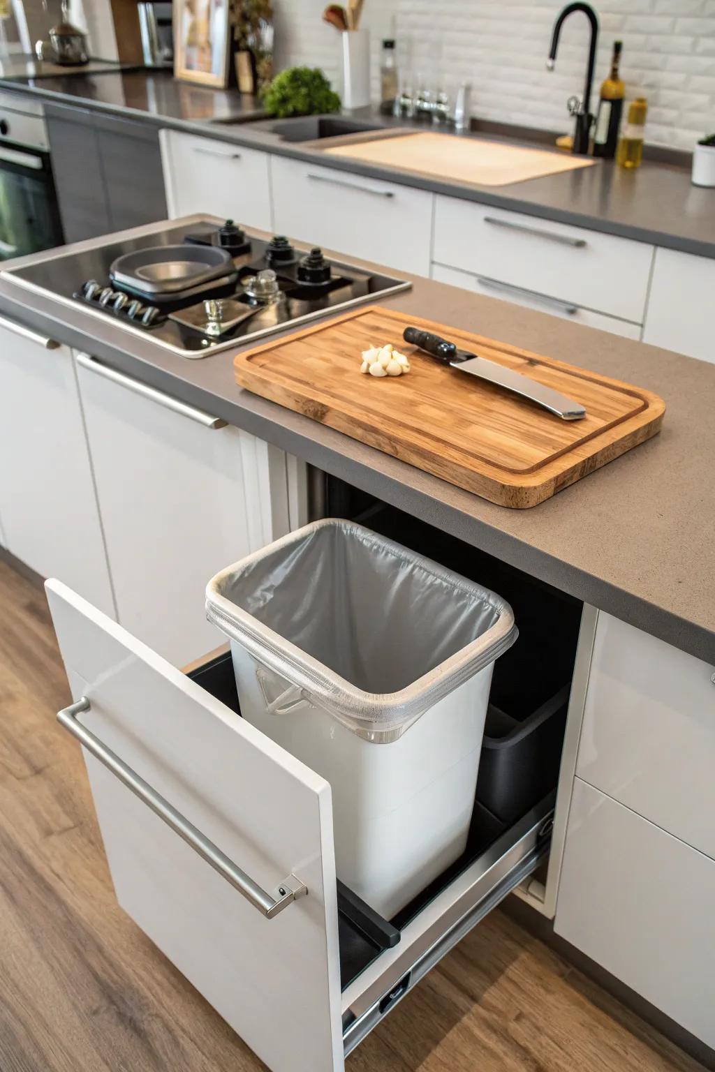 A cutting board with direct disposal to a hidden trash bin.