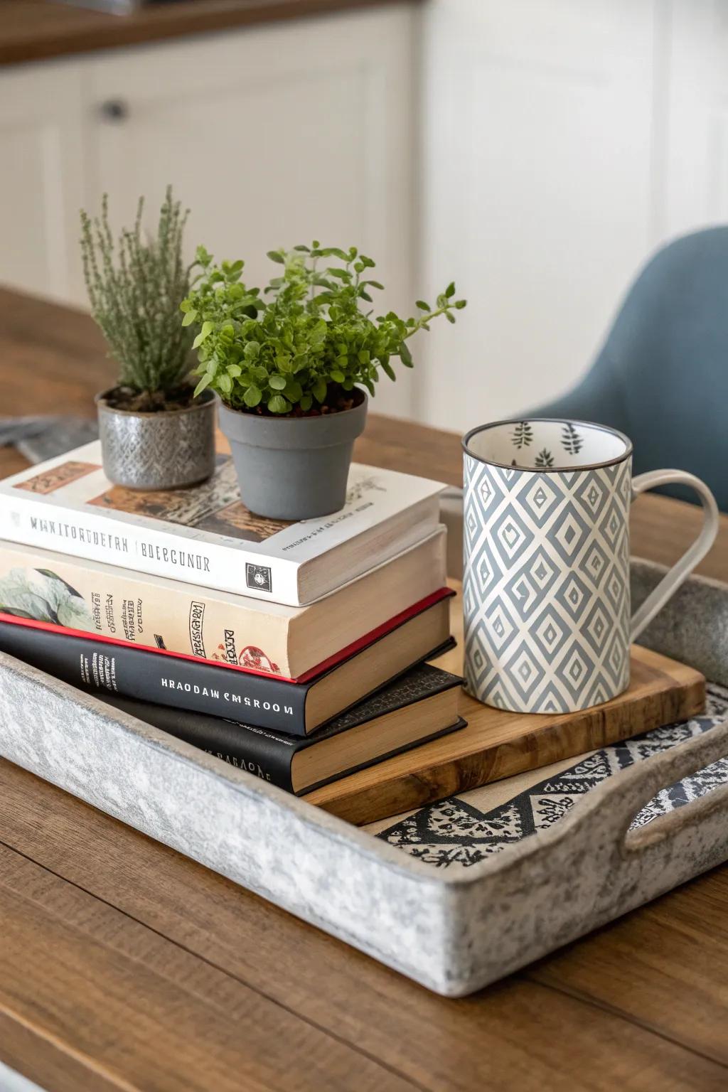 A collection of cookbooks assembled on a tray embodies culinary zeal and aesthetic sensibility.