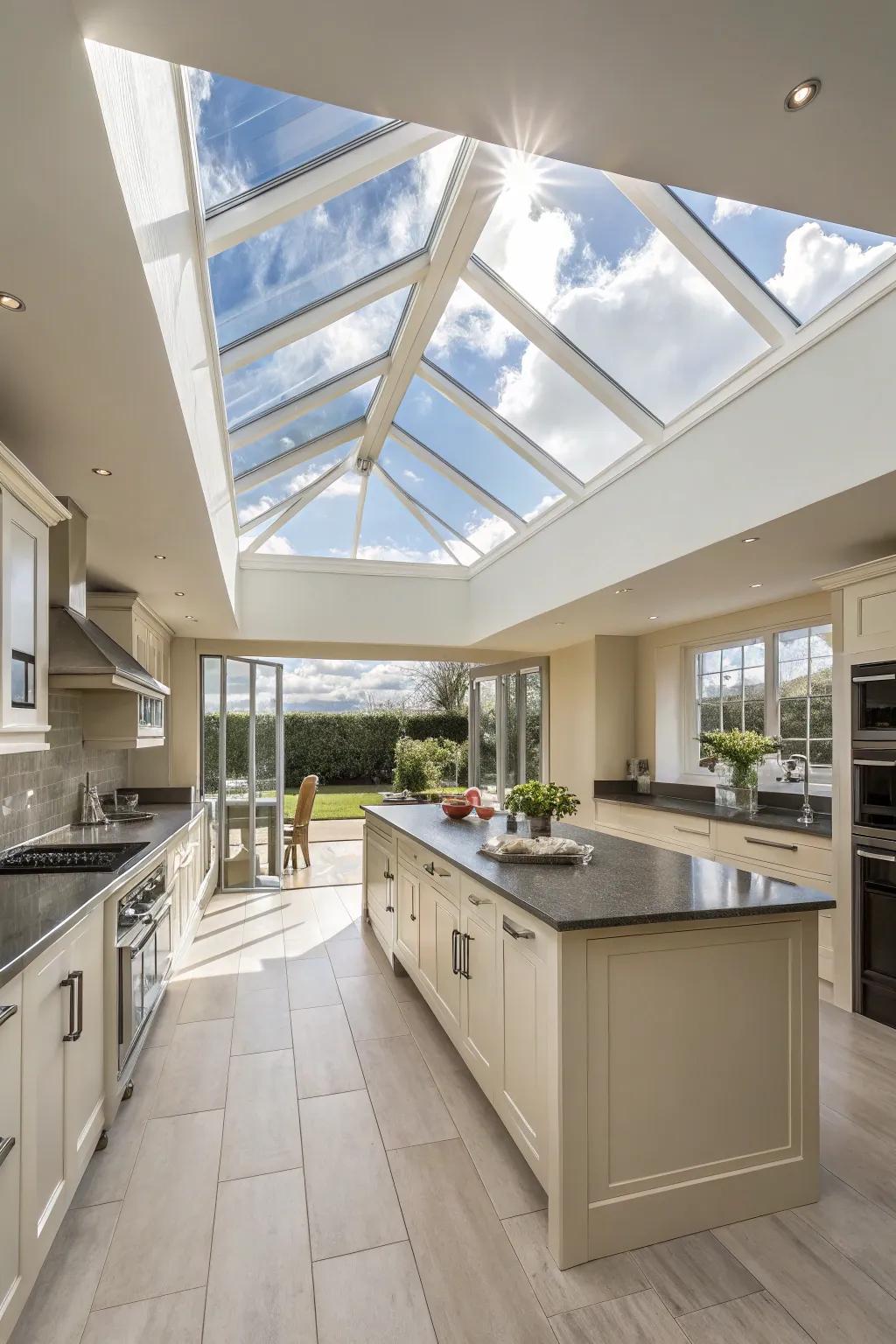 Elevated ceilings and skylights come together to create an expansive and airy kitchen atmosphere.