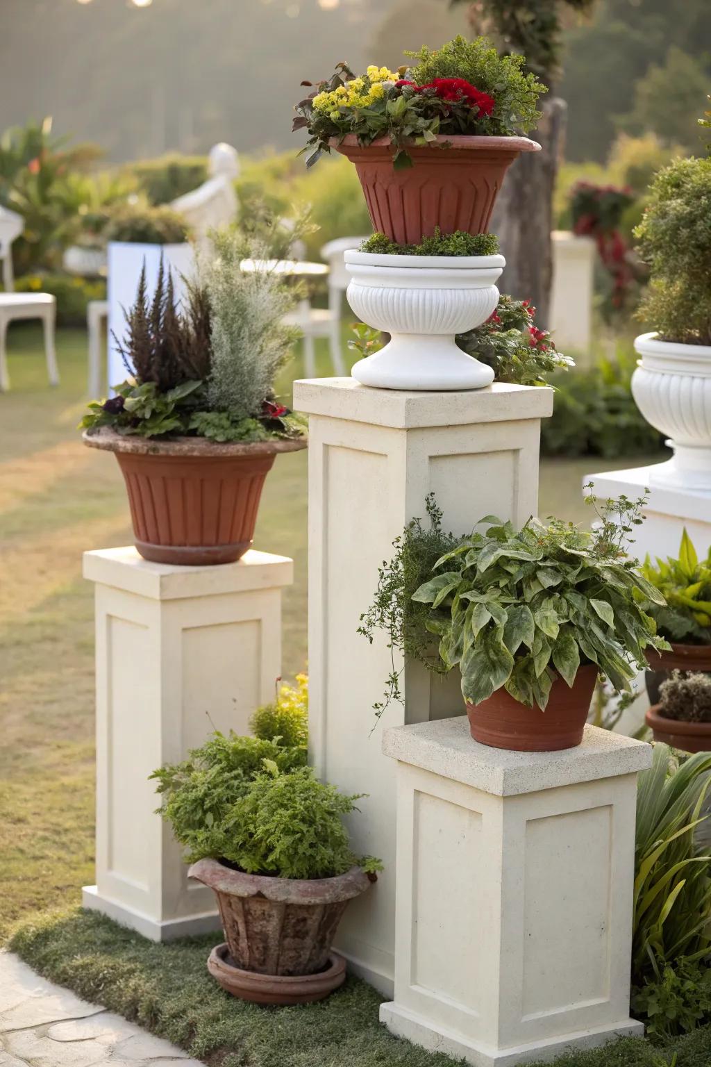 Intensify your garden's appeal through layered pot arrangements.