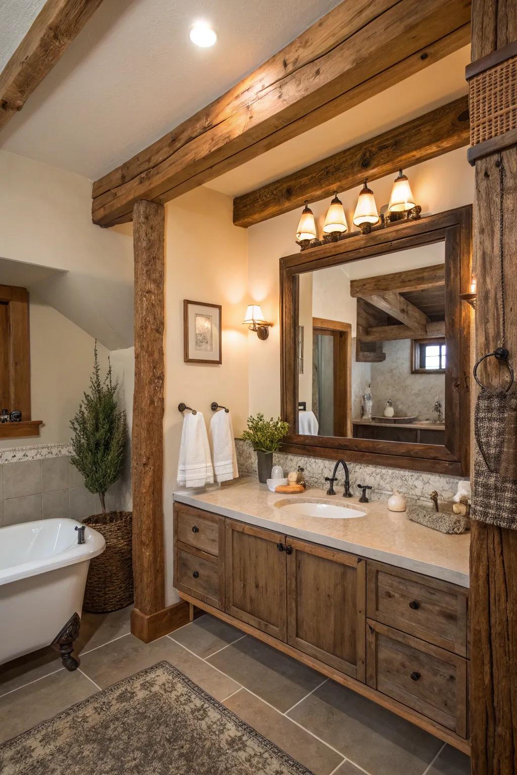 Reclaimed wood frames bring a cozy and rustic ambiance to any bathroom.