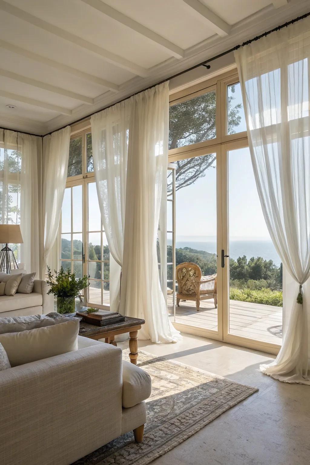 Sheer curtains create an airy, light-filled room.