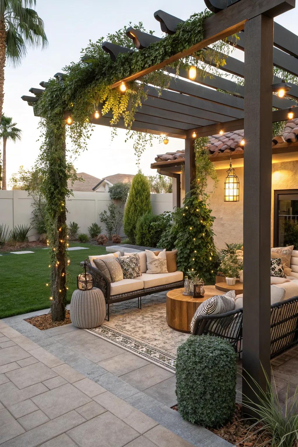 Cozy outdoor seating area with a pergola in a Las Vegas backyard.