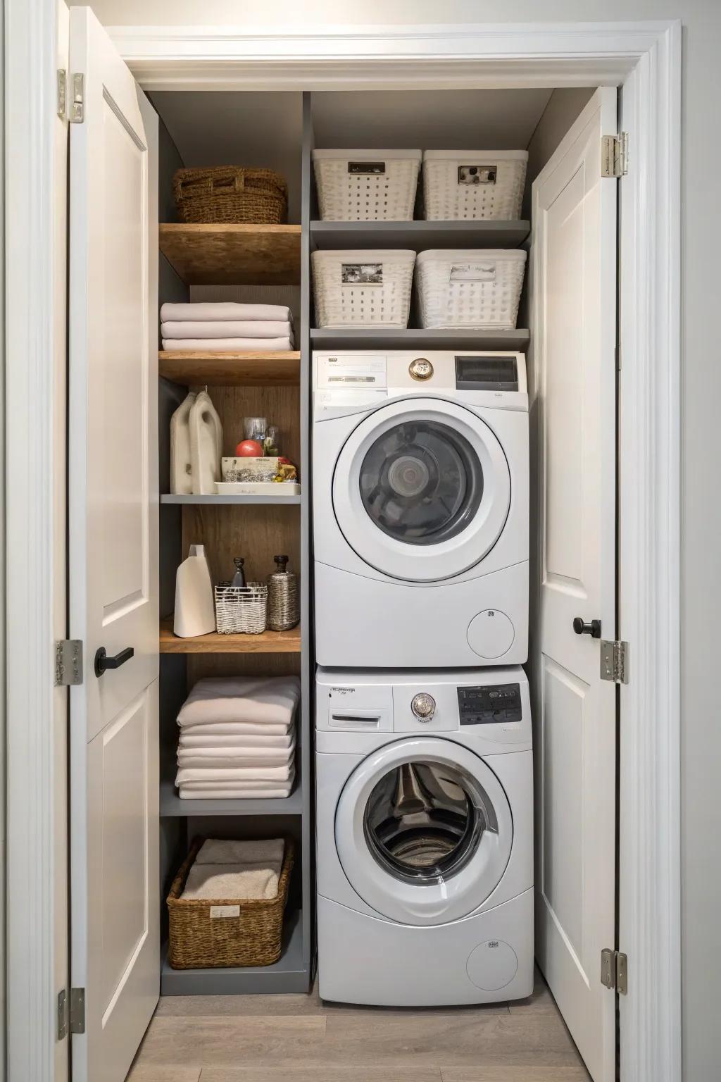 Stacked appliances save space in a small laundry room.