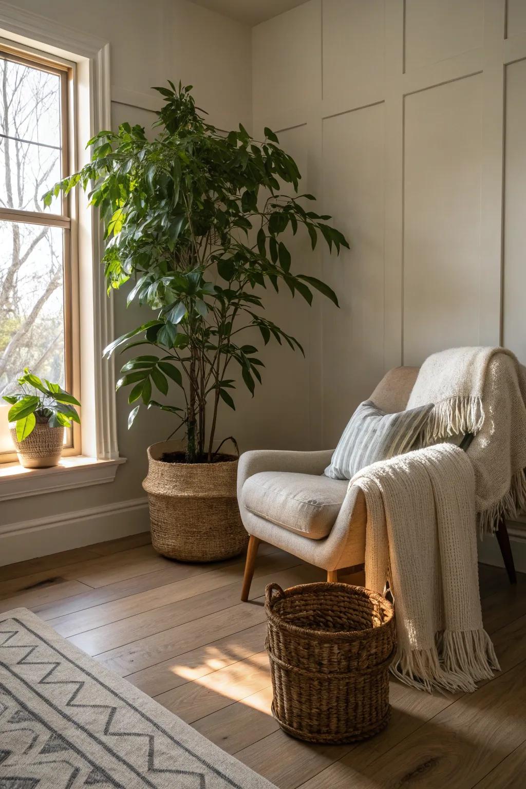 Greenery enriching a bedroom with pale timber flooring.