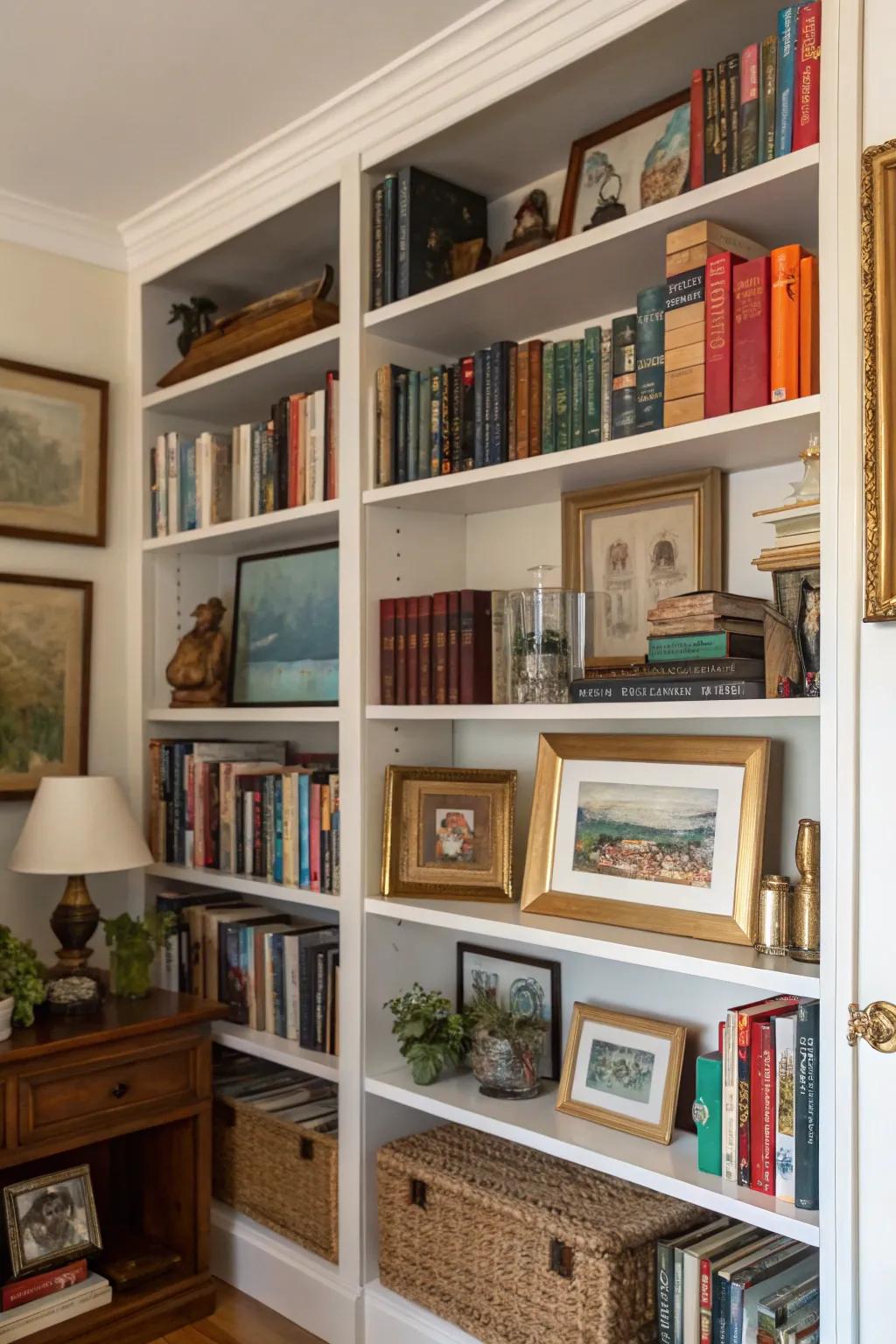 Art pieces add a personal touch to your living room bookshelves.