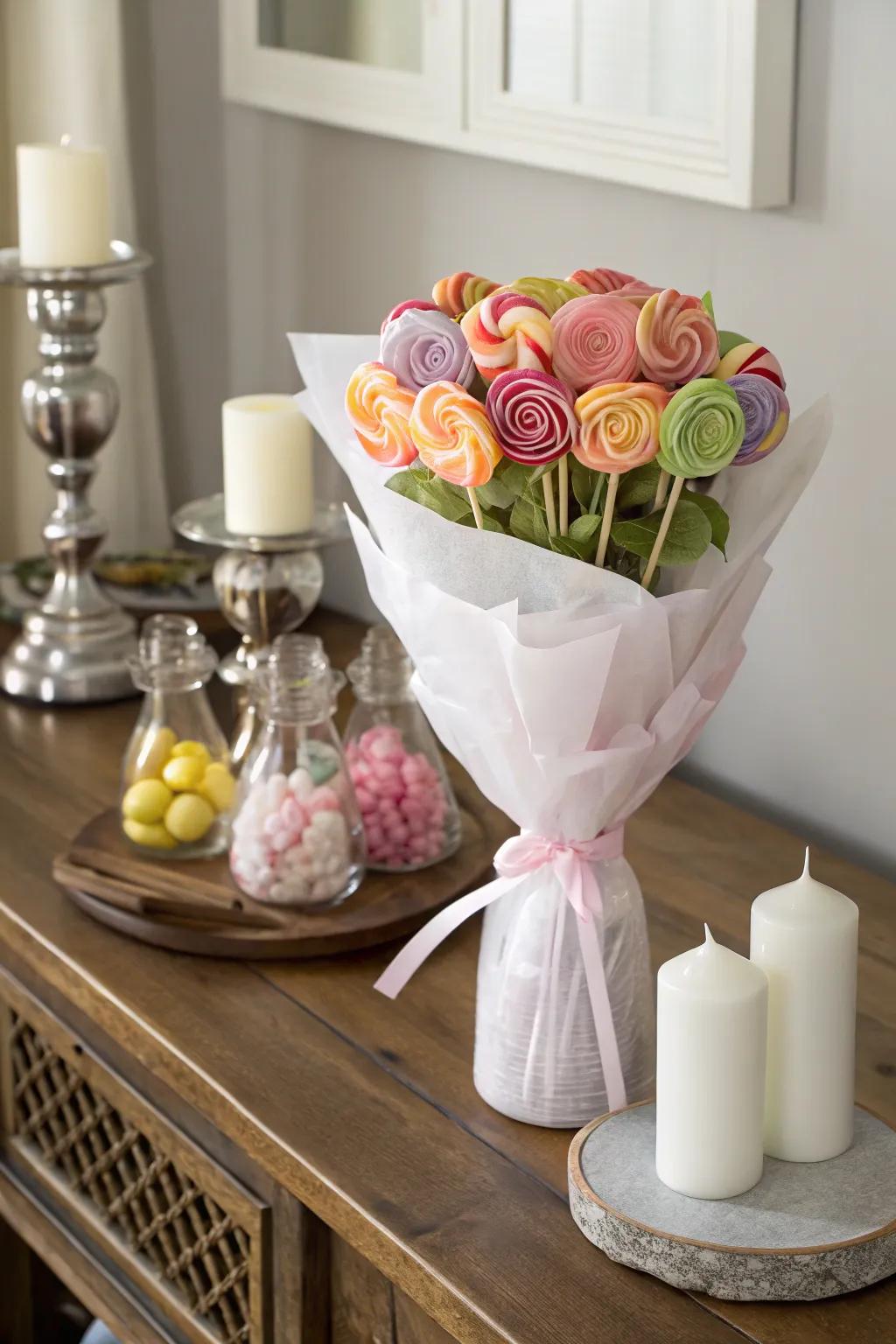 Elegant sweet treat posy wrapped in tissue paper