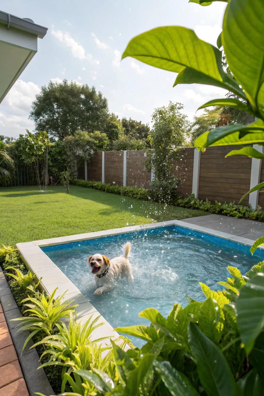 A playful splash pool in a pet-friendly garden setting.