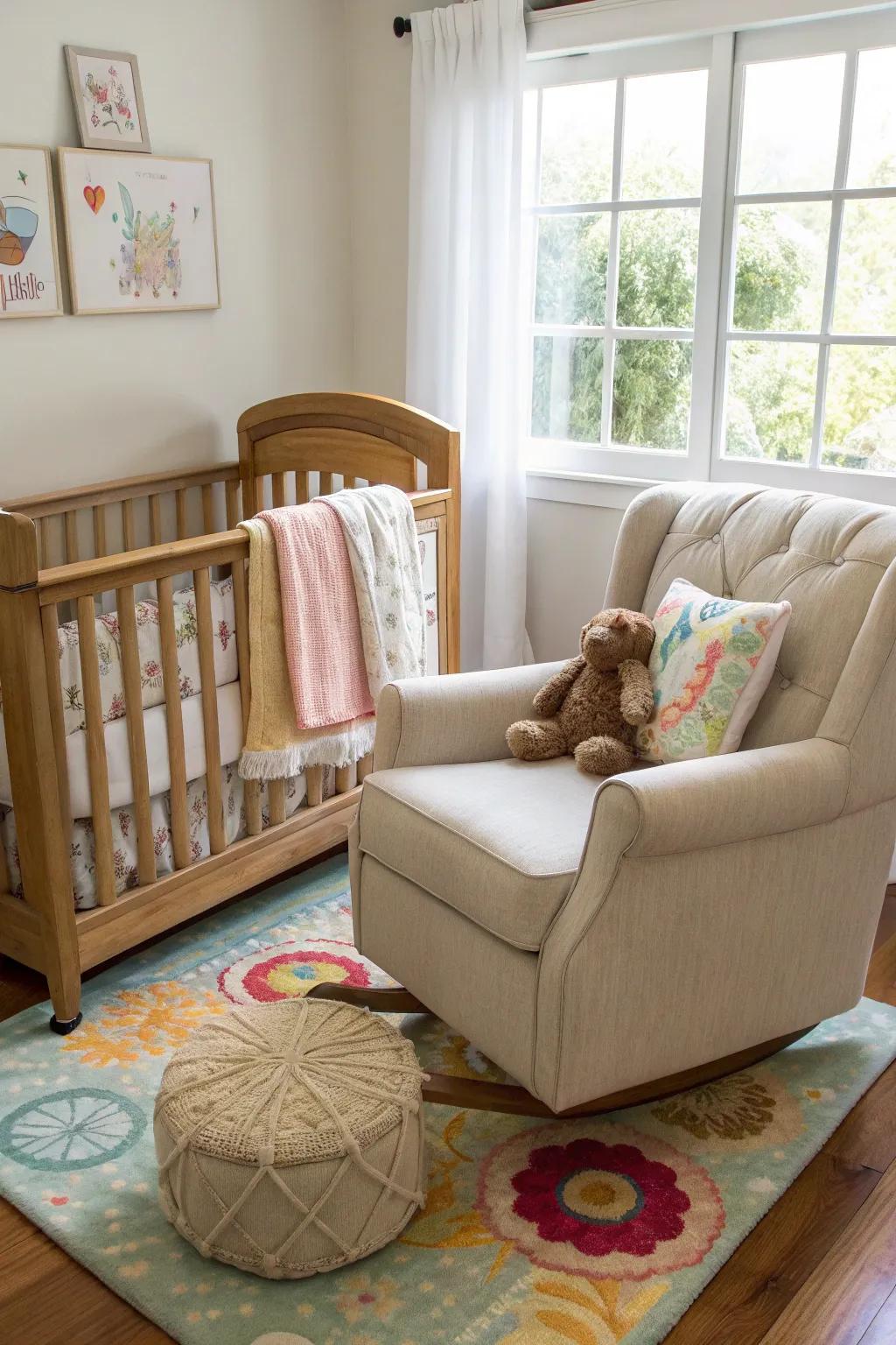 A sophisticated nursery featuring an elegant wooden crib and a plush nursing chair.