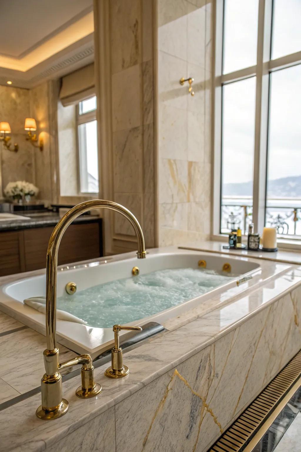 Elegant fixtures bring a hint of refinement to the hydromassage tub area.