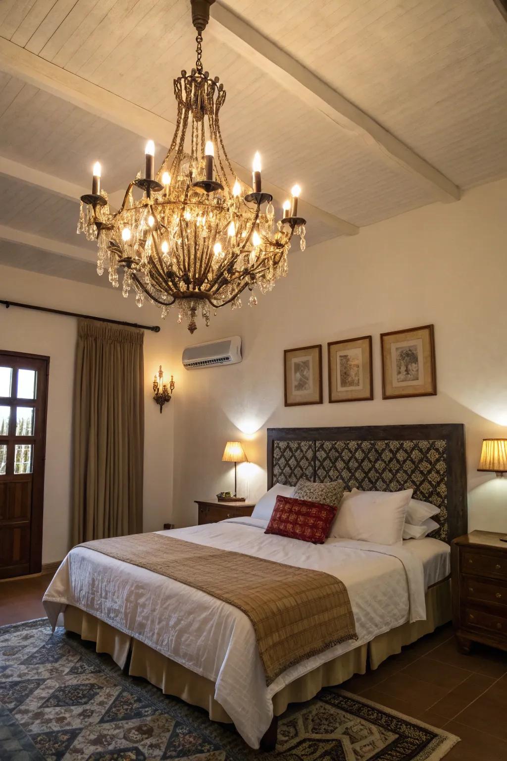 A bedroom highlighted by a striking chandelier.