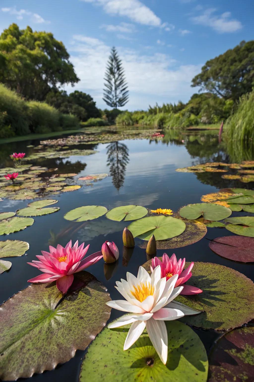 Vibrant water lilies add elegance to any mini pond.