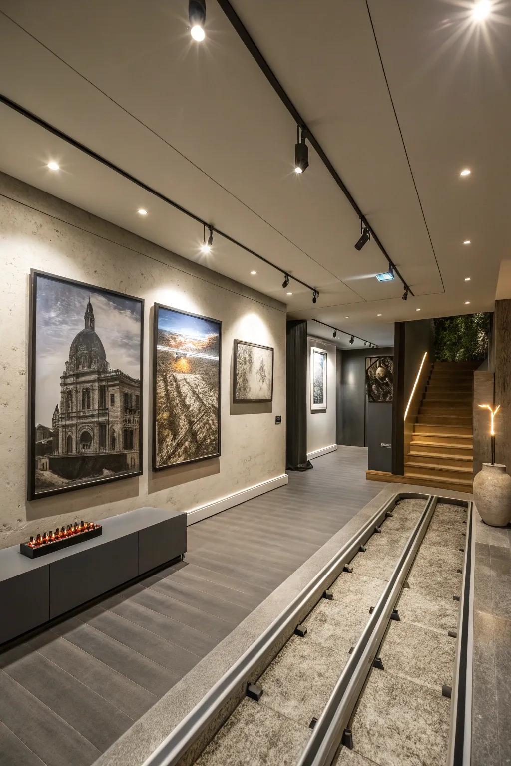 Rail illumination adds emphasis and versatility, enhancing the basement’s design appeal.