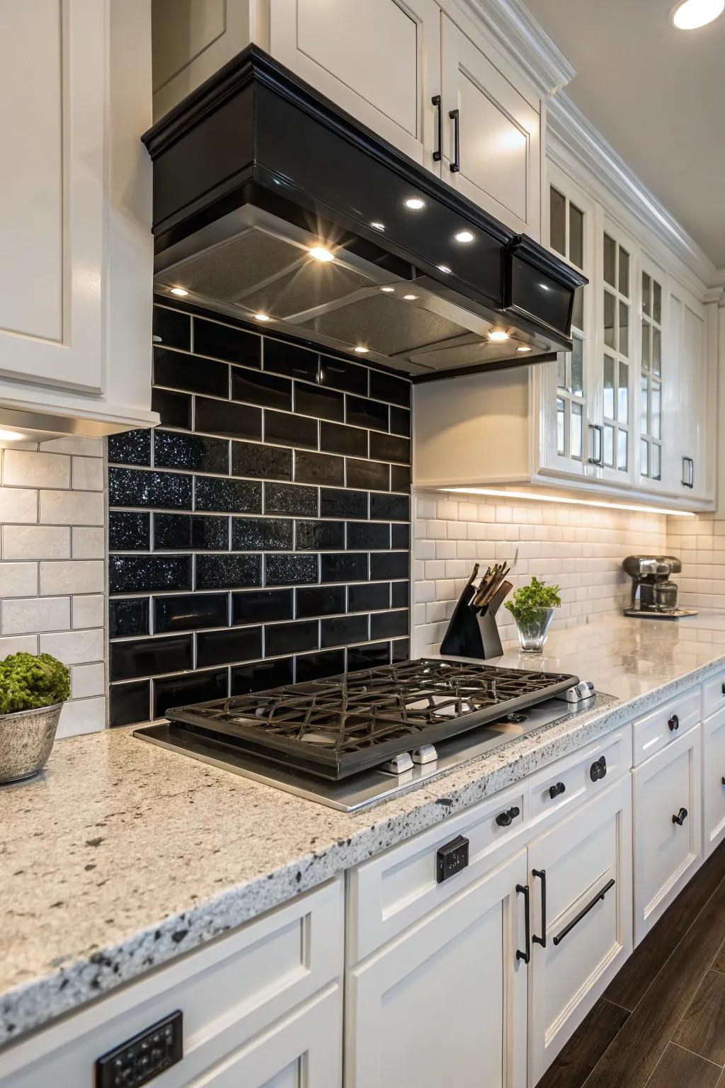 A mirror-like surface bestows a refined elegance upon this kitchen.