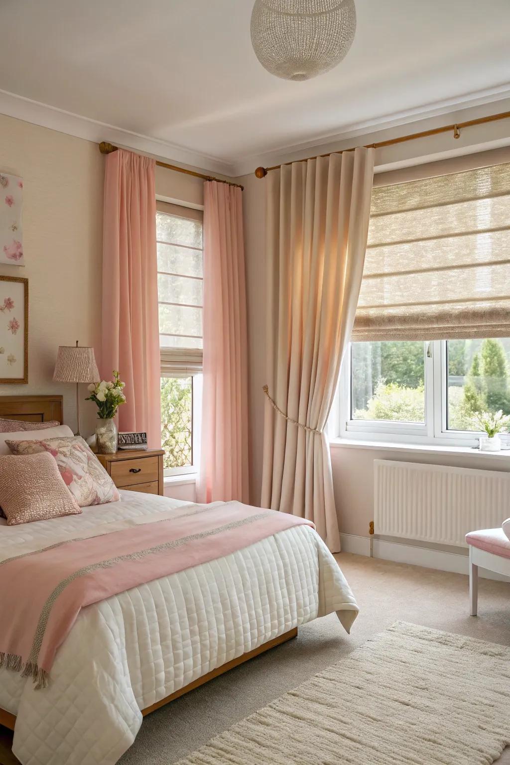 Layering blinds and curtains enhances depth and style.