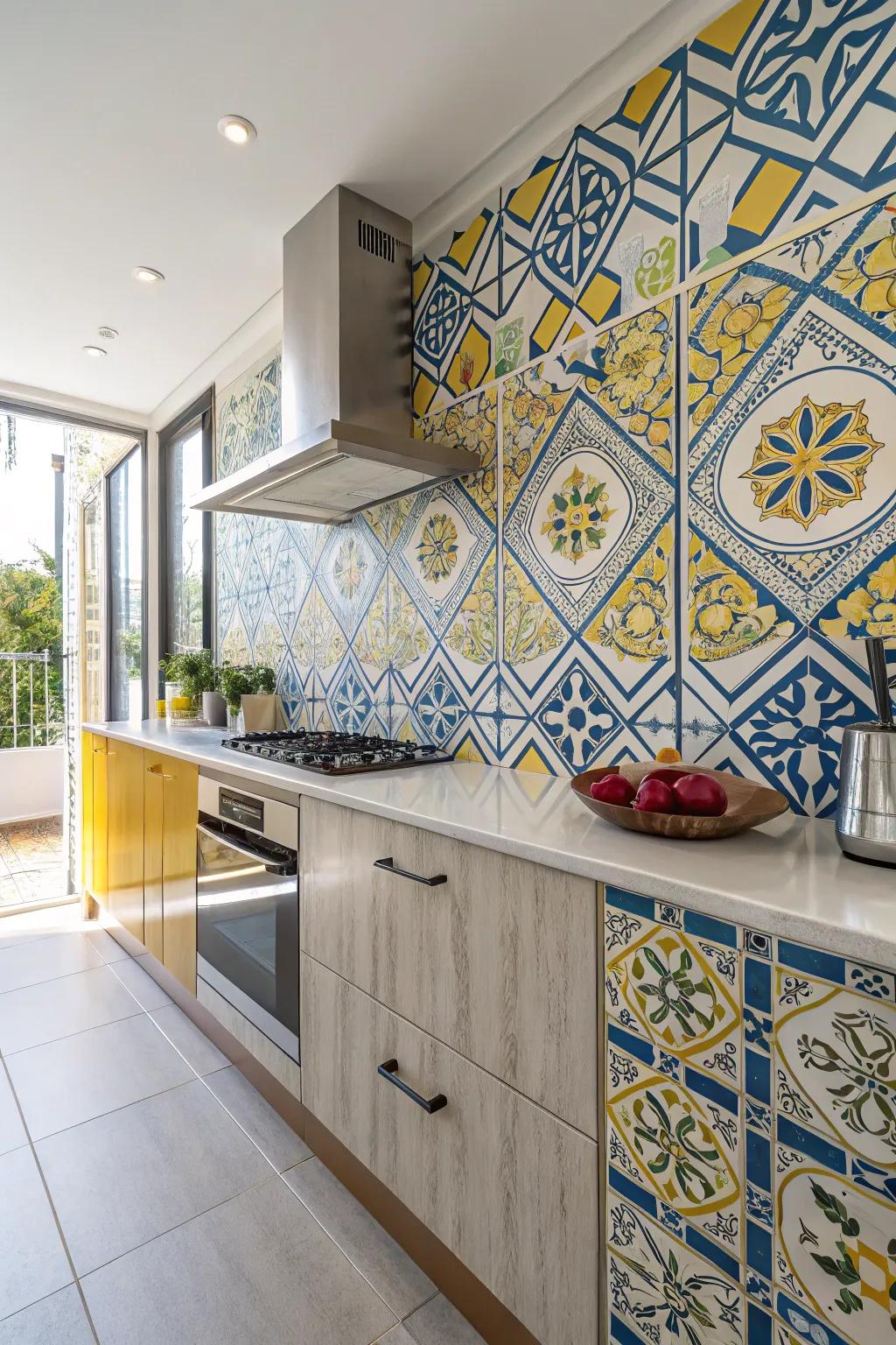 Geometric tiles create a captivating main point in this kitchen.