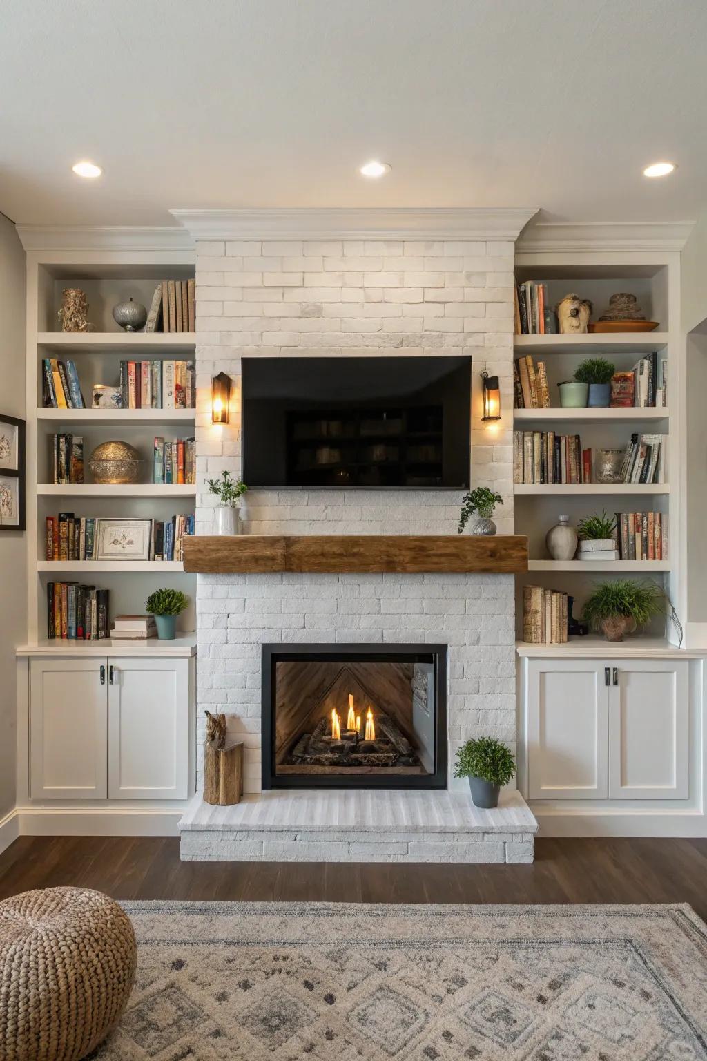 Built-in shelves offer both storage and style in a farmhouse setting.