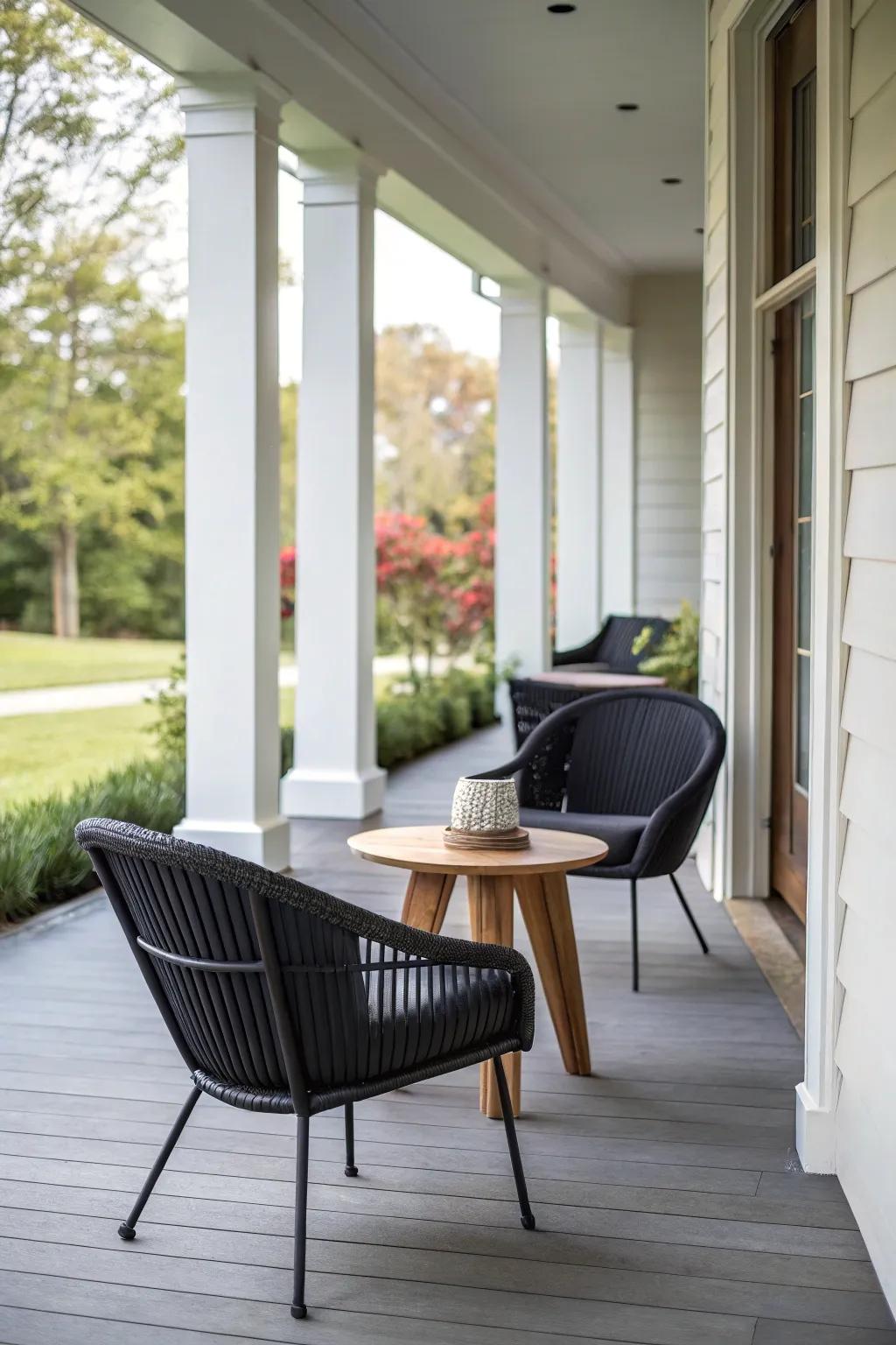 Sophisticated furniture elevates the appearance of a contemporary porch.