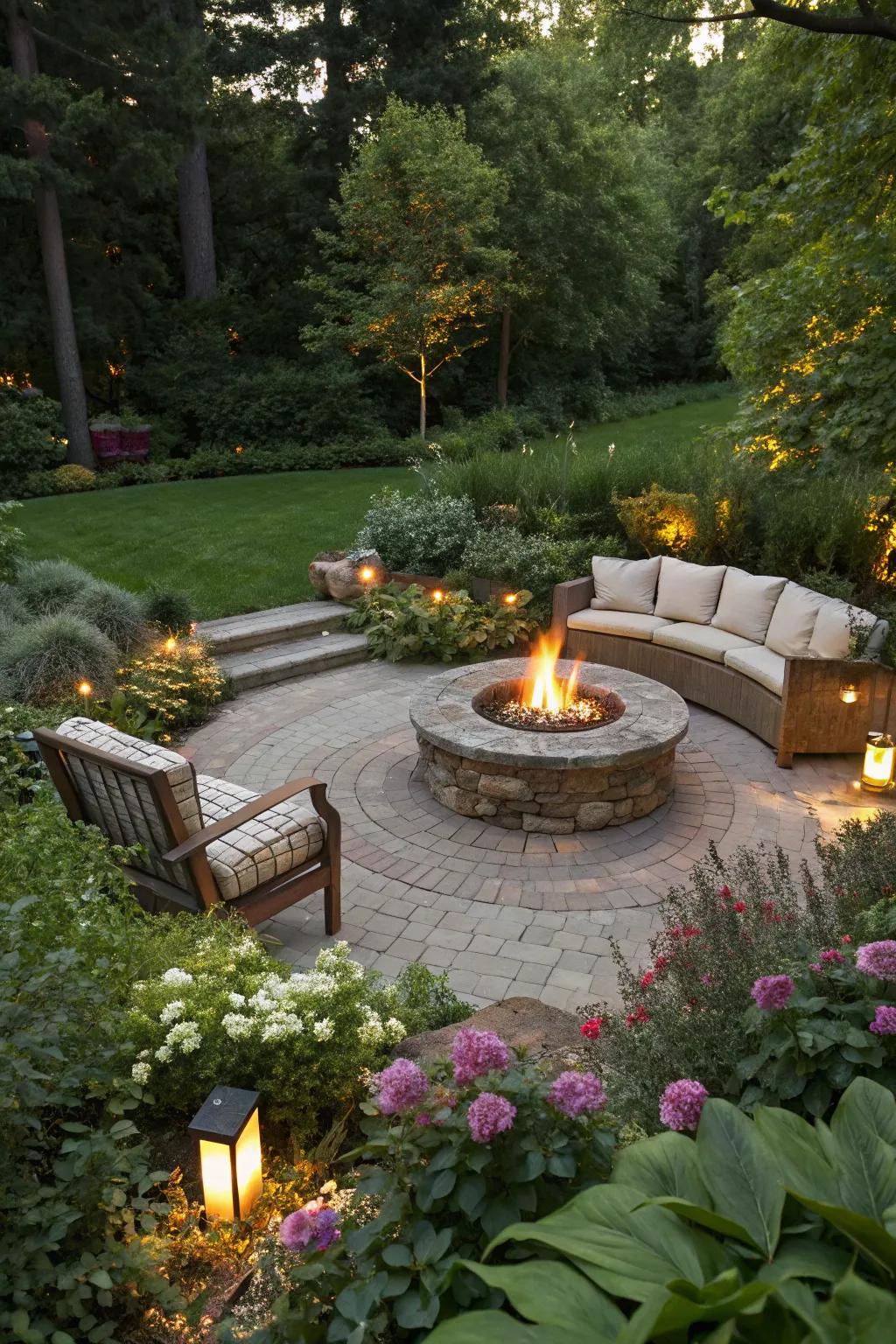 A fire pit serves as a warm and inviting centerpiece in a modern garden.