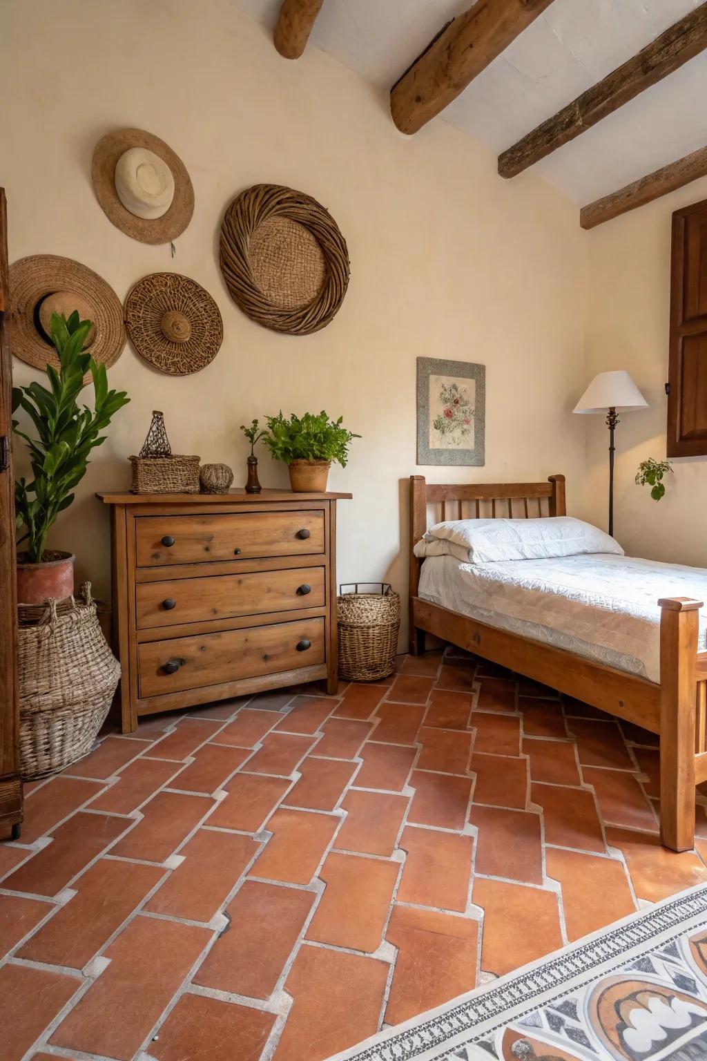 Baked clay tiles imbue a modern Spanish bedroom with warmth and surface interest.