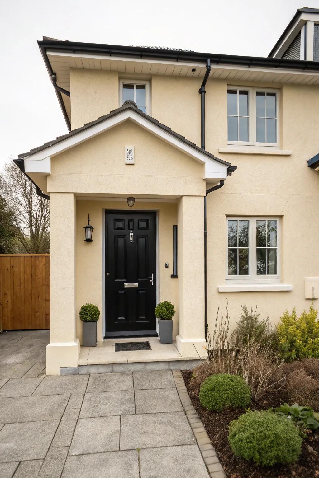 Black front door adds a modern edge to a beige house.