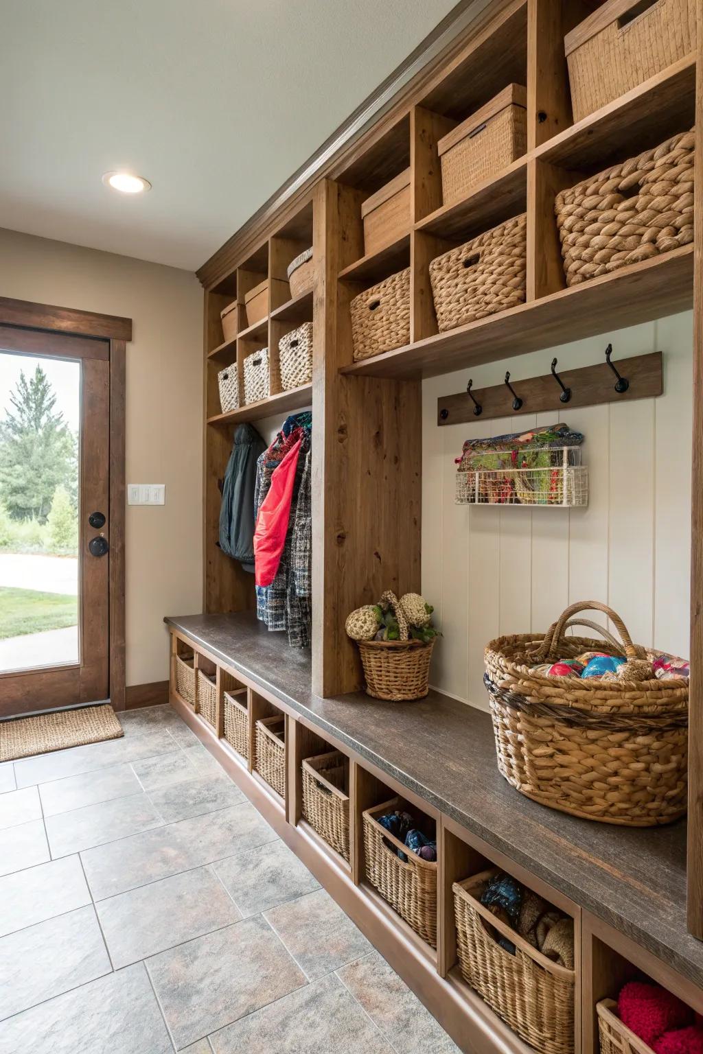 Mudroom shelving featuring ornamental hideaway baskets made from natural materials for a sophisticated detail.