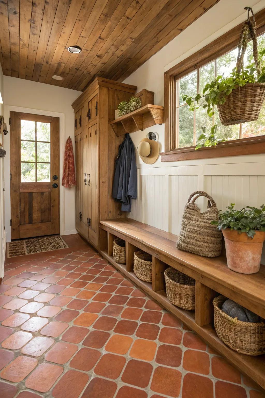 Warm terracotta tiles in a welcoming mudroom