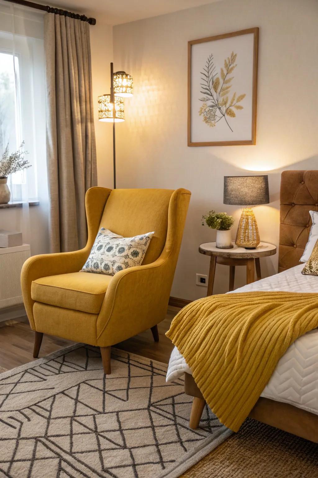 A bedroom with a mustard yellow armchair and matching decor accents.