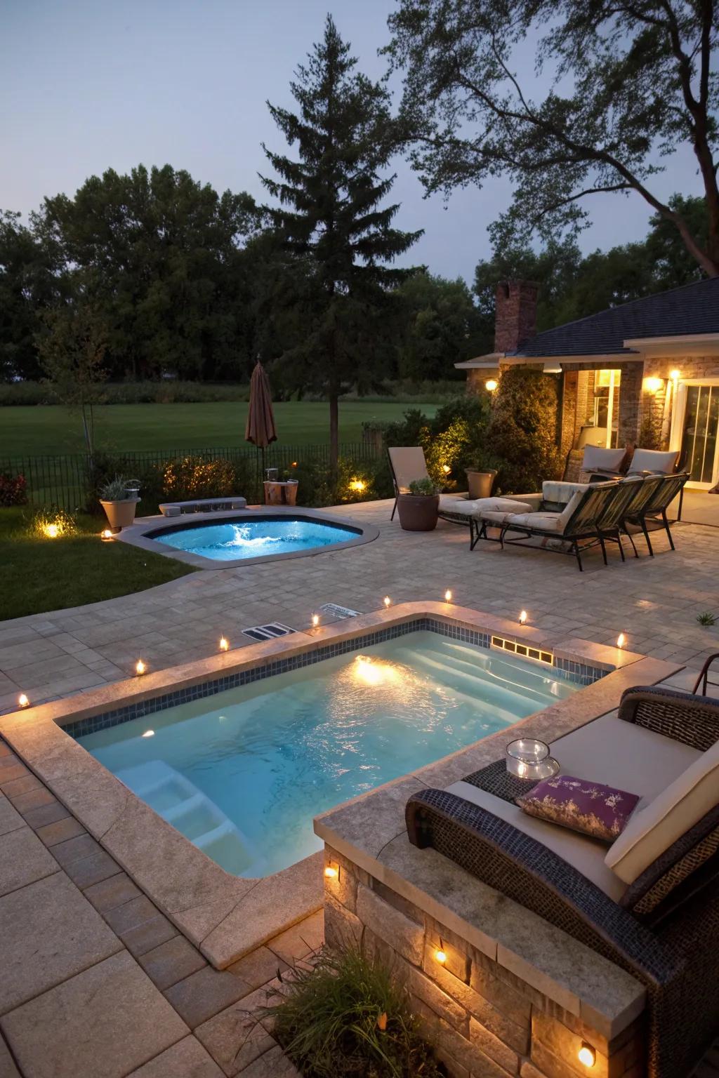 A hot tub integrated into the pool area, offering a cozy spot for relaxation.