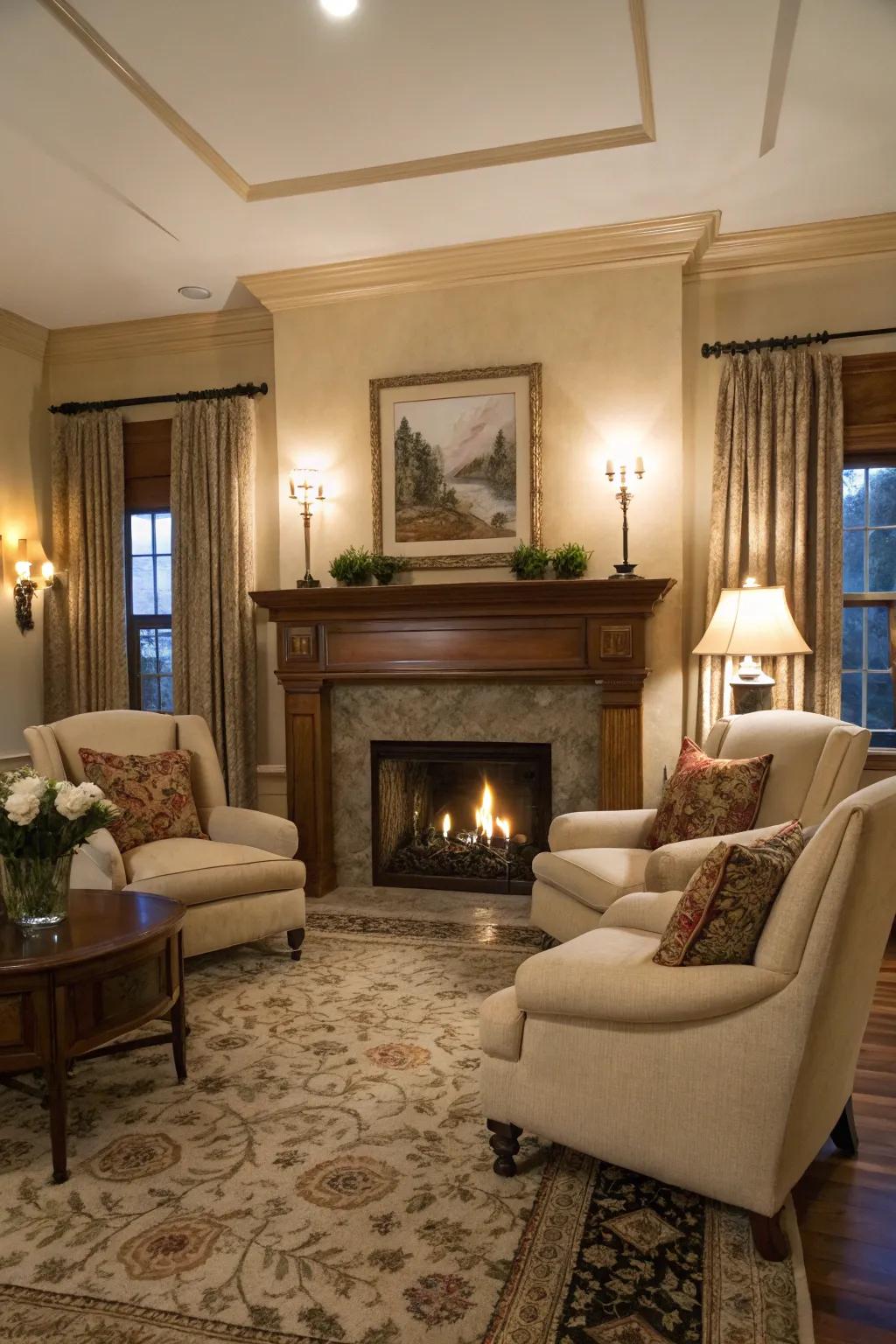 A fireplace lends warmth and creates a natural hub for social interaction.