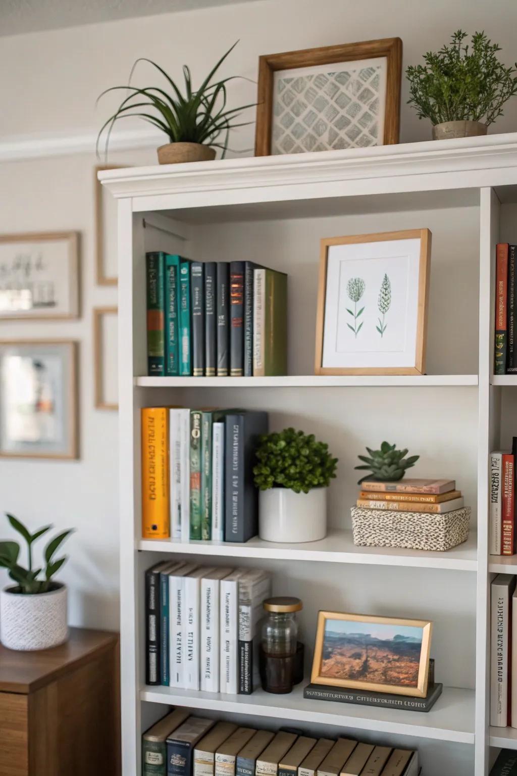 Decorative elements add character to office bookshelves.