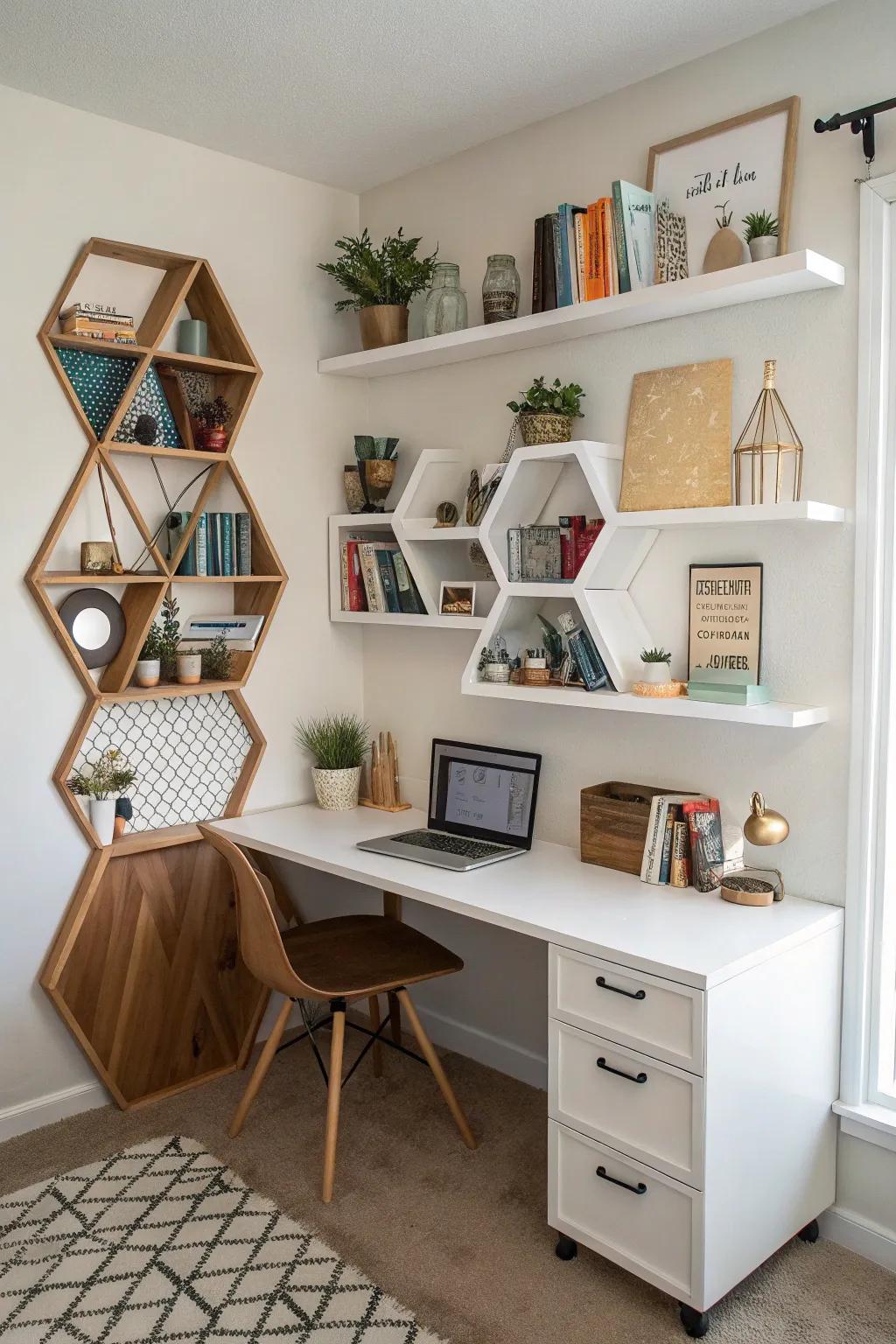 Geometric shelves transform your office corner into an art piece.