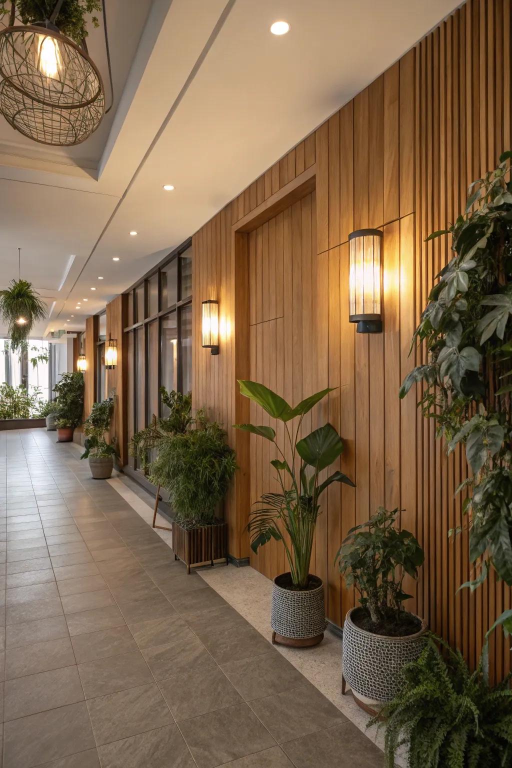 Timber wall lights bringing organic appeal to the workspace.