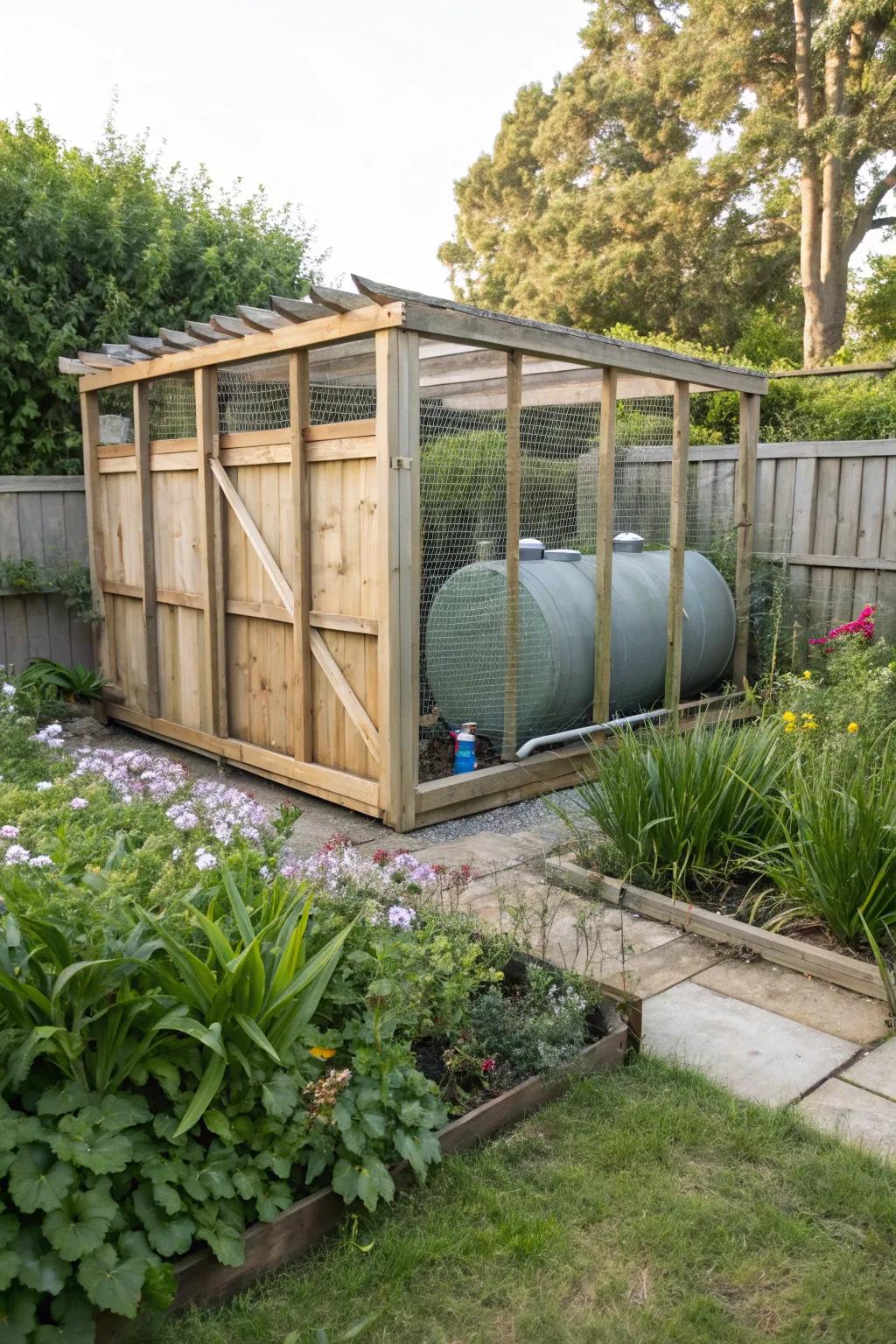 A rustic wooden enclosure seamlessly integrating an oil tank into the garden.