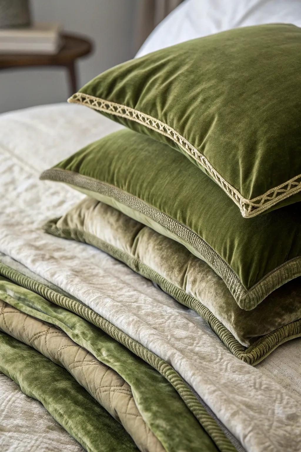 Layer textures for a rich, inviting olive green bedding experience.