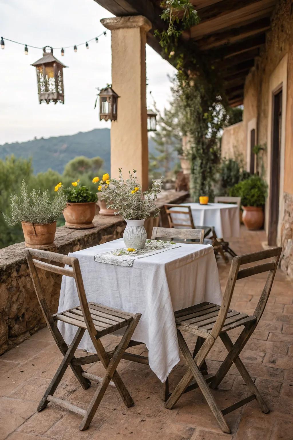 Embrace rustic charm with a wooden bistro set and earthy accents.