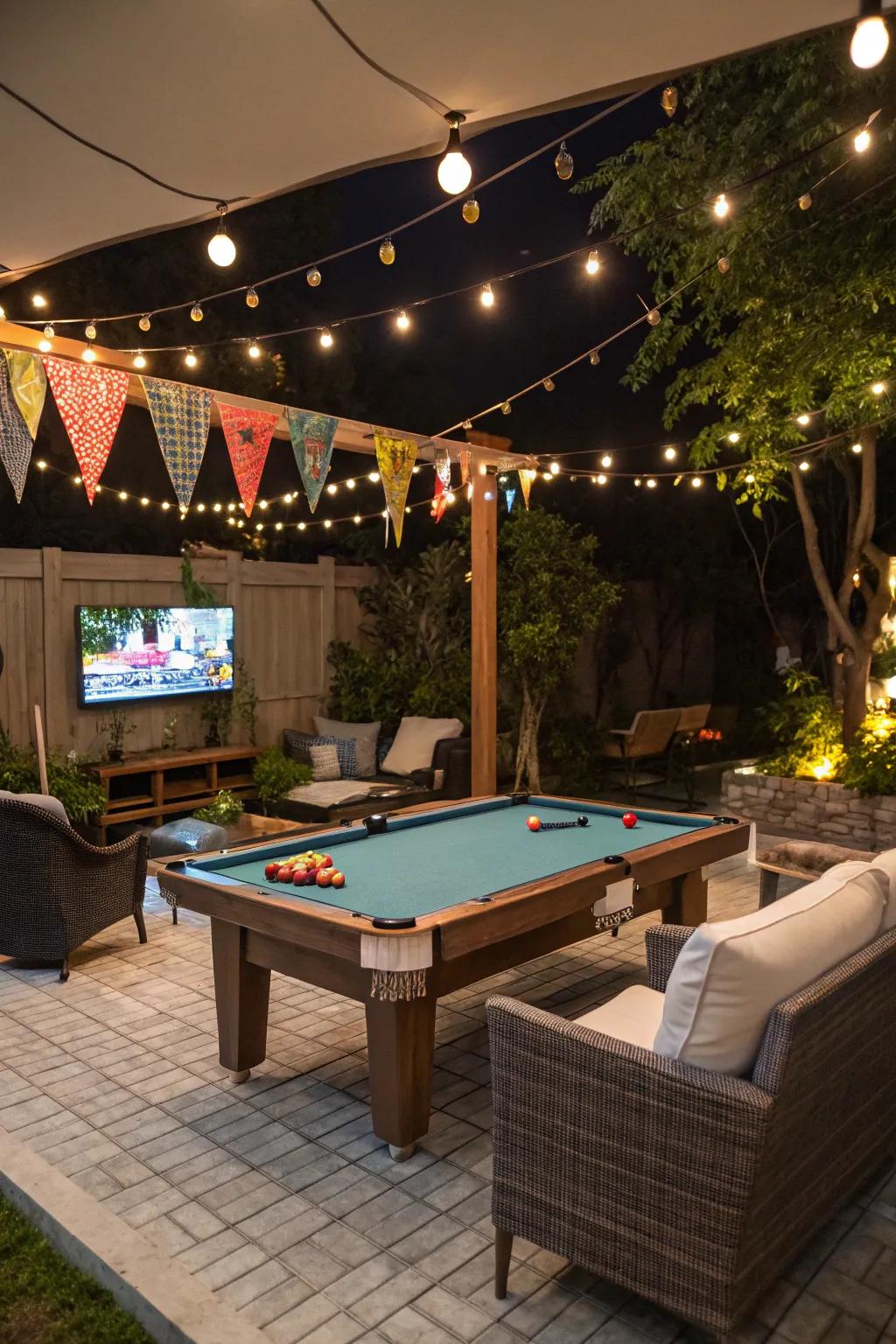 A billiards table complemented by entertainment attributes like a television and lounge area.