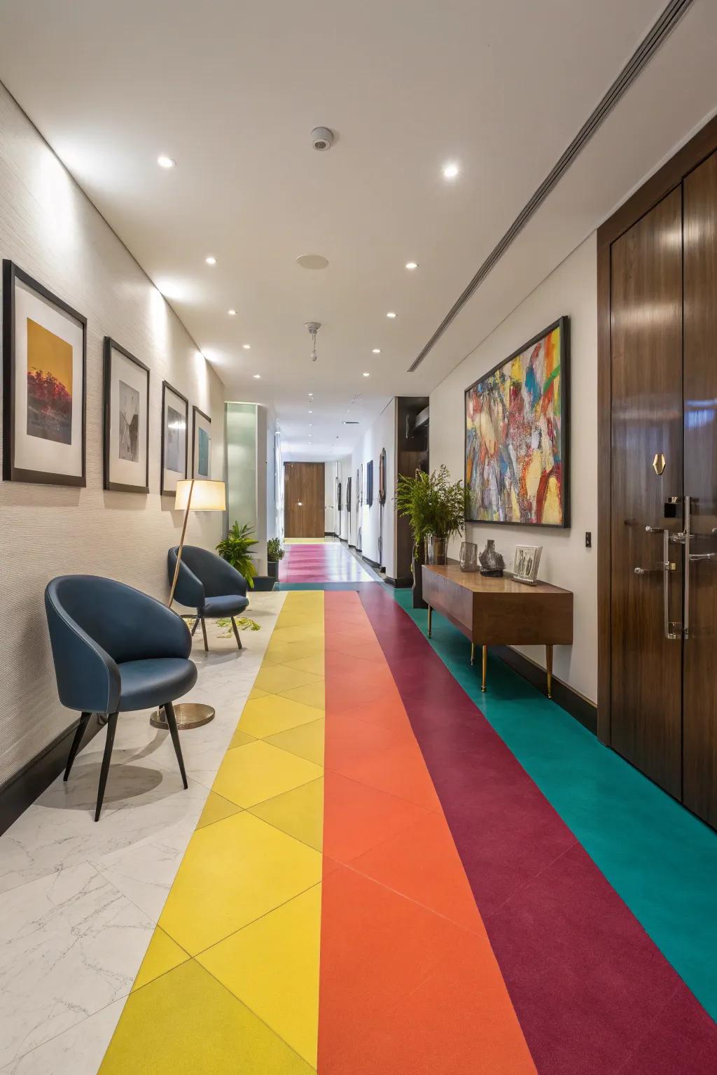 A hallway transformed by color block painted floors, showcasing vibrant hues and modern decor.