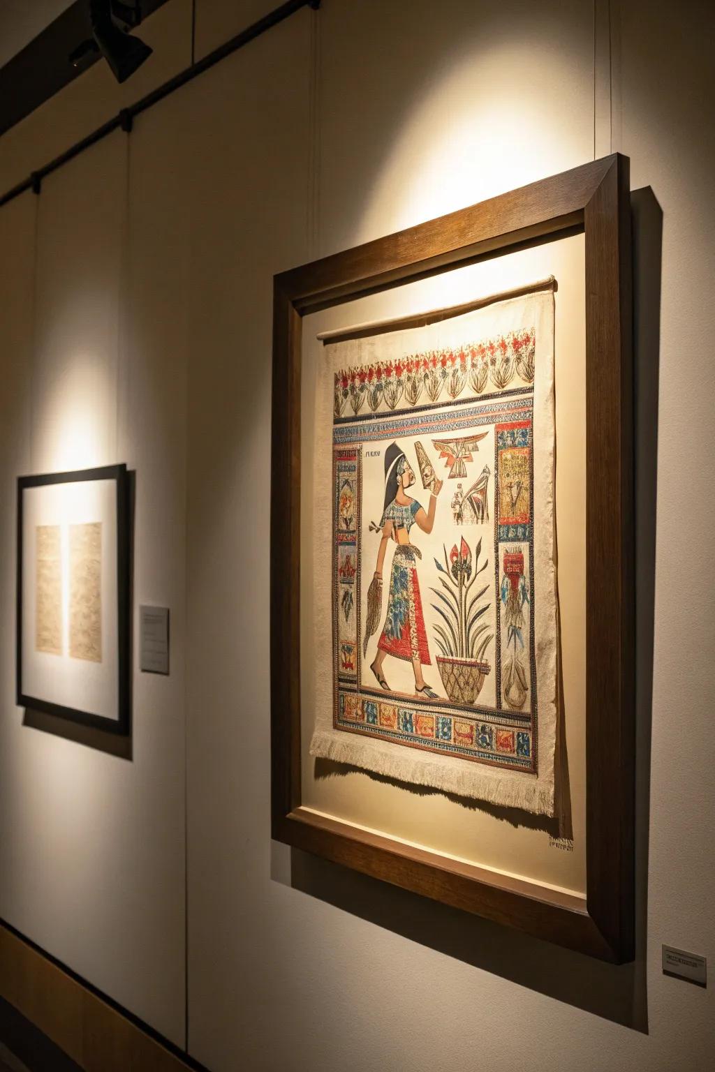 Shadow box framing adds a three-dimensional effect to papyrus art.