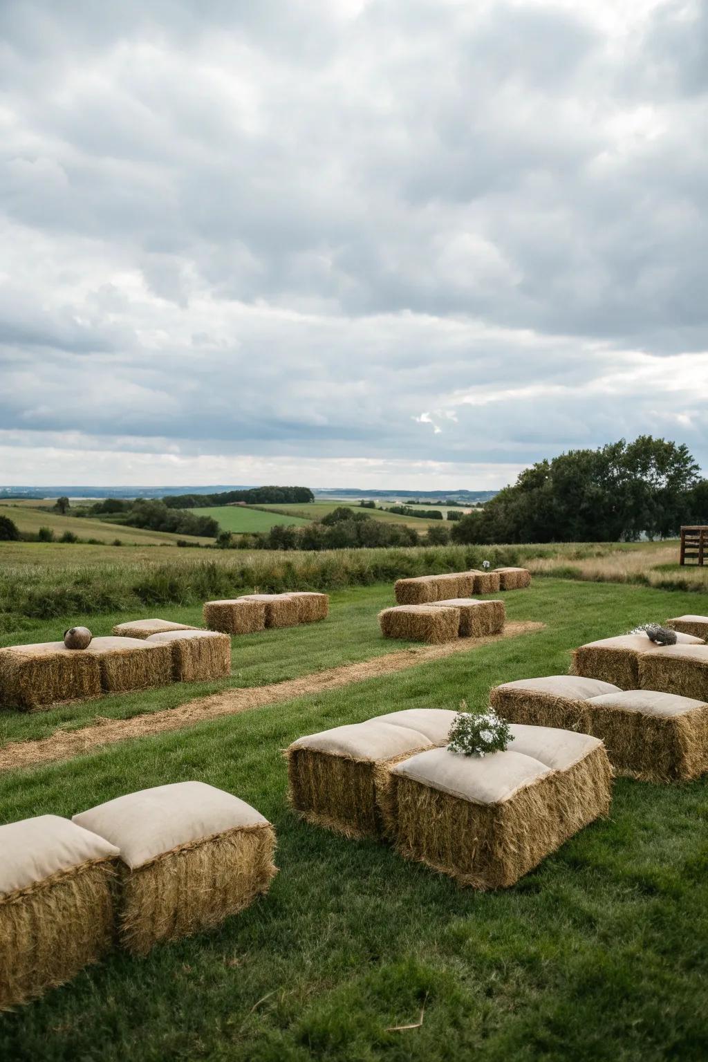 Hay bales arranged for seating in the pasture.