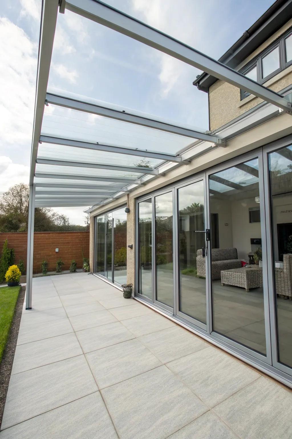 Modern steel and glass frames create a chic patio atmosphere.